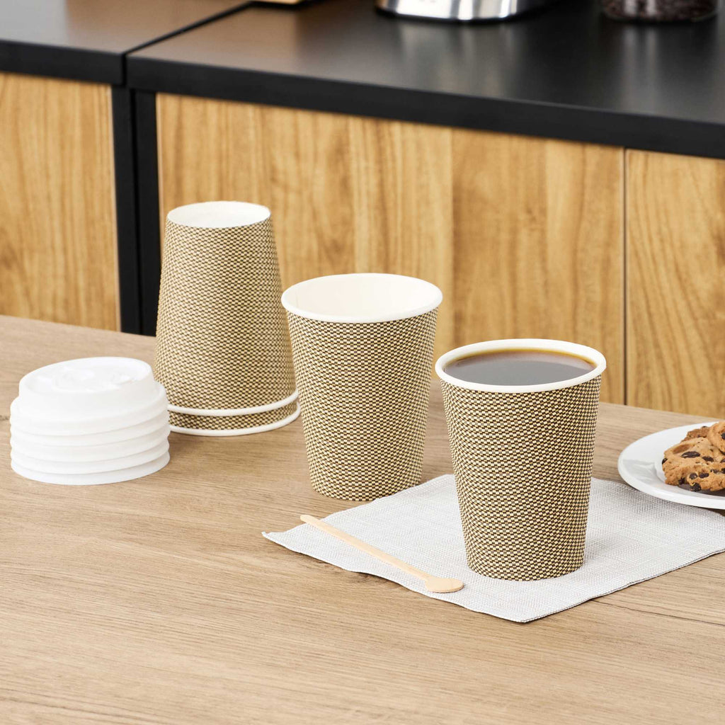 Restpresso 12 oz Mocha Pin Check Paper Coffee Cup - Spiral Wall - 3 1/2" x 3 1/2" x 4 1/4" - 500 count box