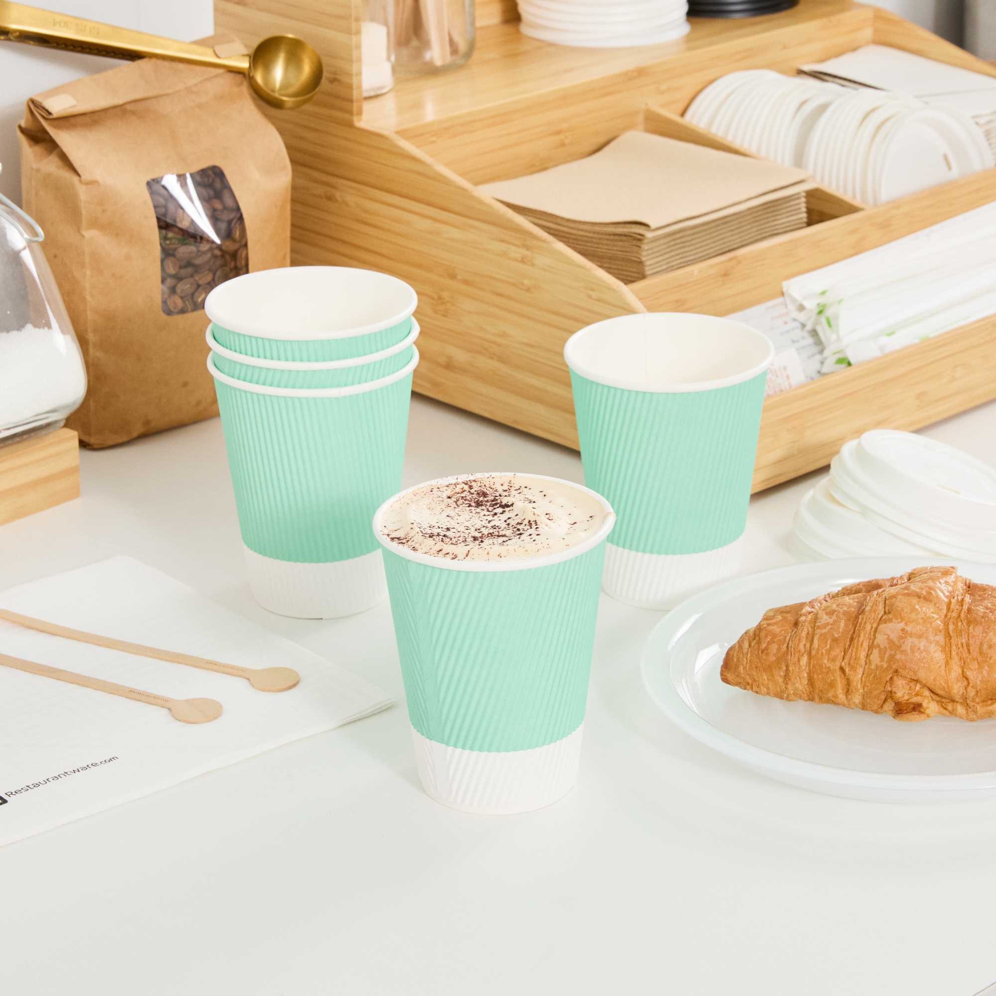 Restpresso 12 oz Light Green Paper Coffee Cup - Ripple Wall - 3 1/2" x 3 1/2" x 4 1/4" - 500 count box