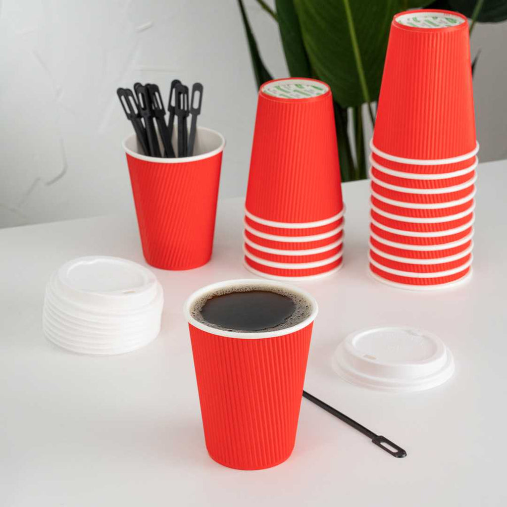 Restpresso 12 oz Red Paper Coffee Cup - Ripple Wall - 3 1/2" x 3 1/2" x 4 1/4" - 500 count box