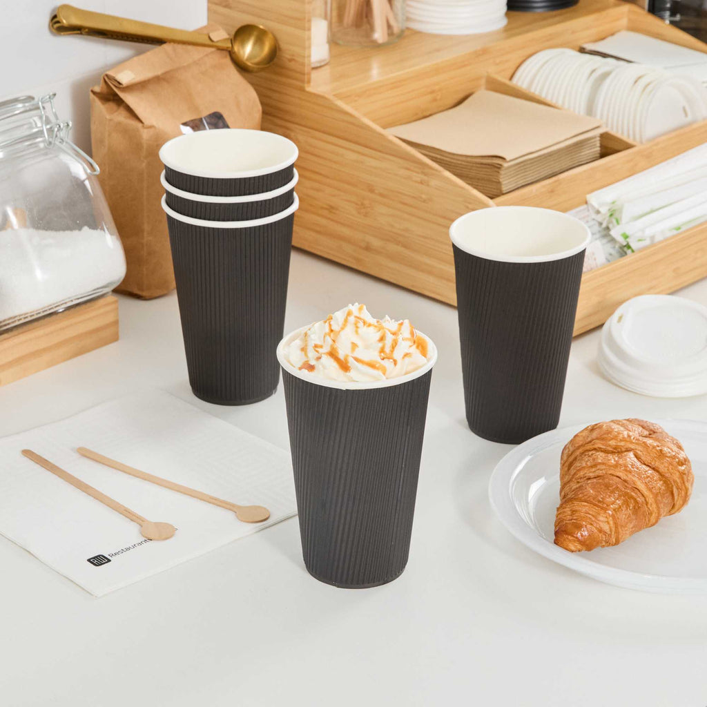 Restpresso 16 oz Black Paper Coffee Cup - Ripple Wall - 3 1/2" x 3 1/2" x 5 1/2" - 25 count box