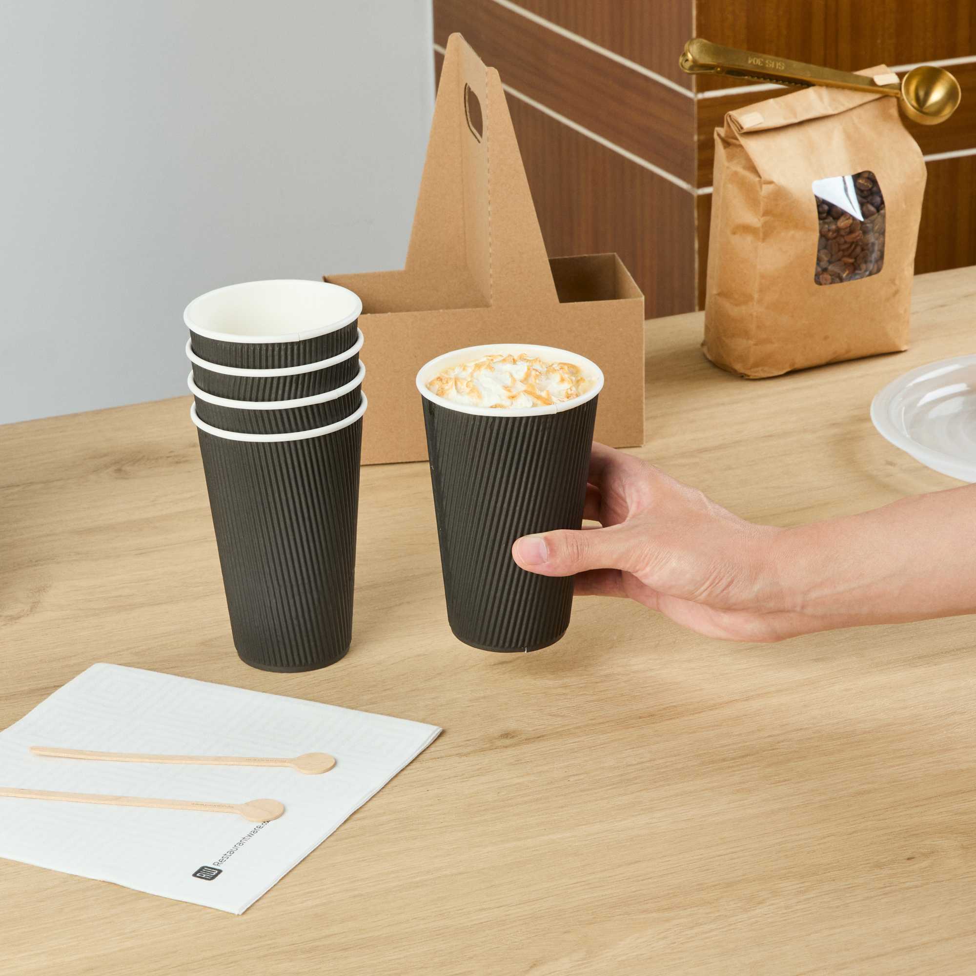 Restpresso 16 oz Black Paper Coffee Cup - Ripple Wall - 3 1/2" x 3 1/2" x 5 1/2" - 25 count box