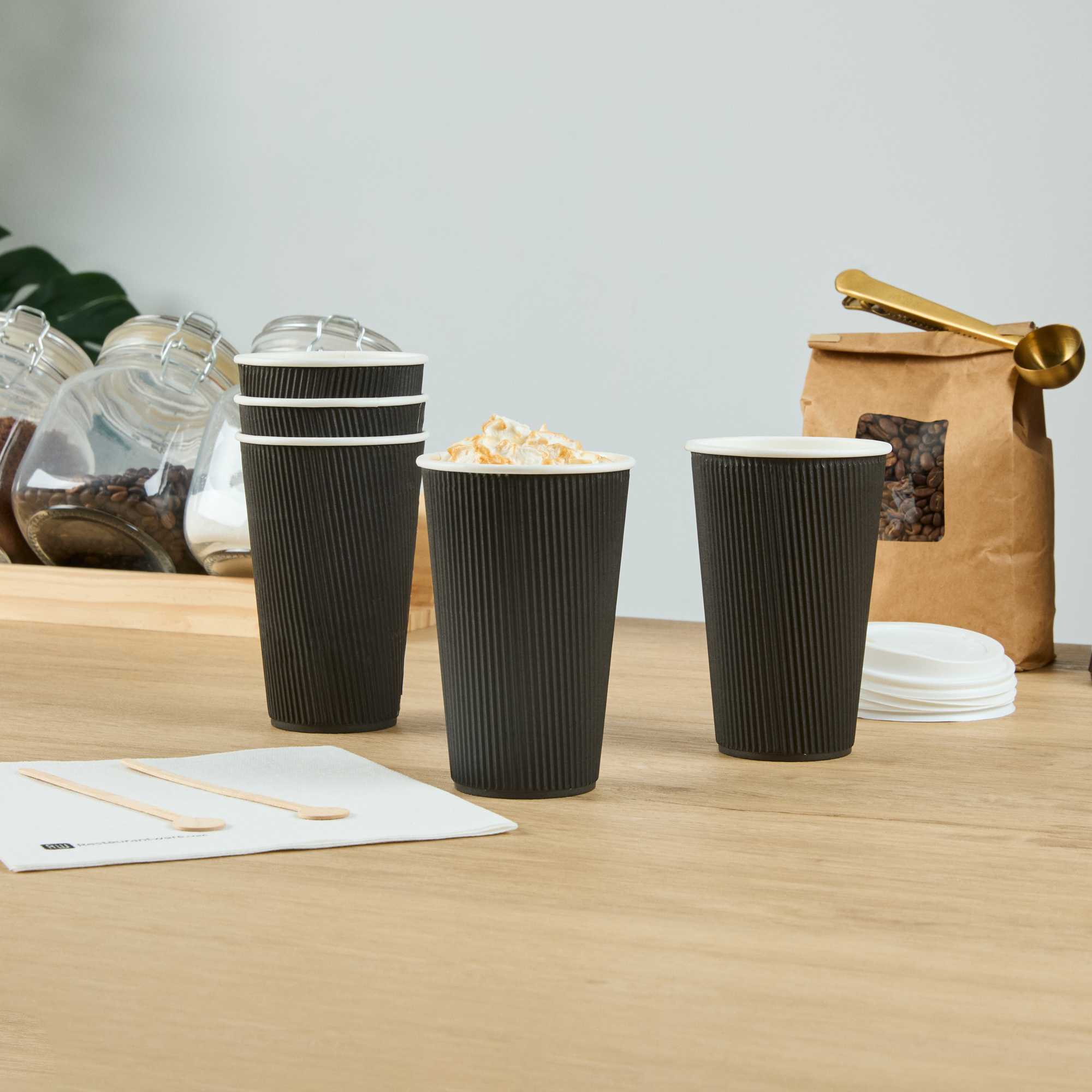 Restpresso 16 oz Black Paper Coffee Cup - Ripple Wall - 3 1/2" x 3 1/2" x 5 1/2" - 25 count box