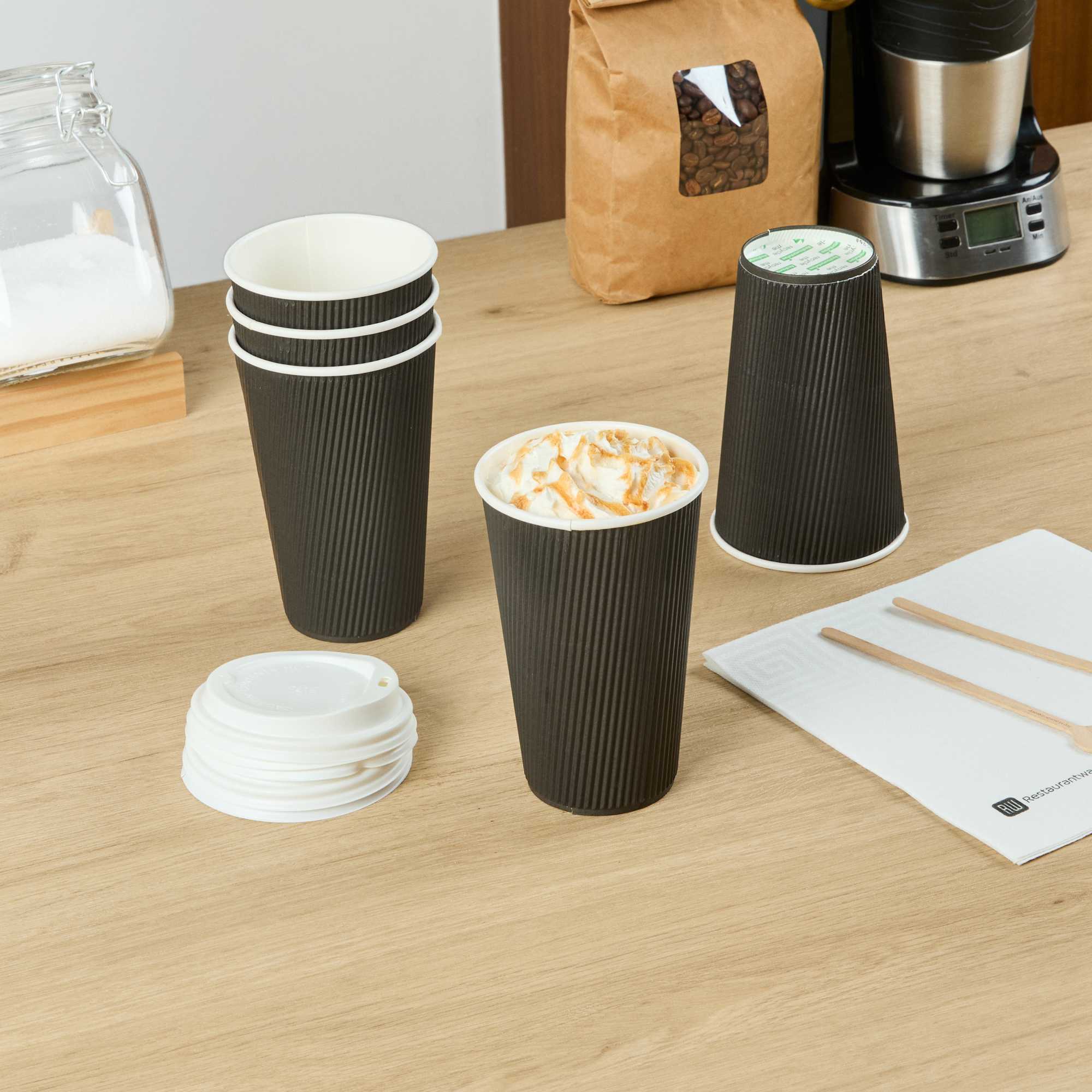 Restpresso 16 oz Black Paper Coffee Cup - Ripple Wall - 3 1/2" x 3 1/2" x 5 1/2" - 25 count box