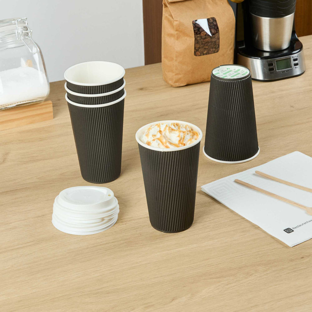 Restpresso 16 oz Black Paper Coffee Cup - Ripple Wall - 3 1/2" x 3 1/2" x 5 1/2" - 500 count box