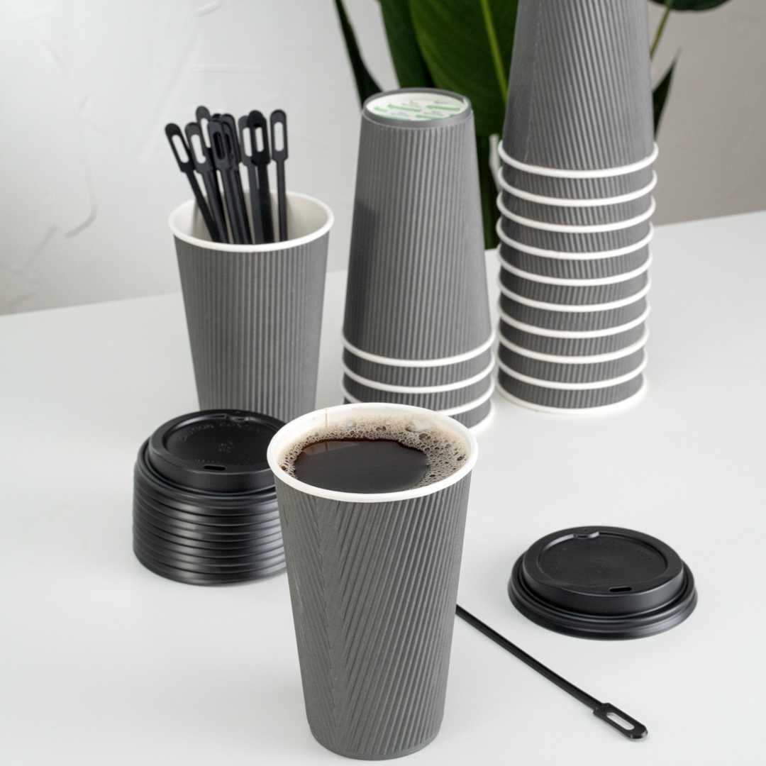 Restpresso 16 oz Gray Paper Coffee Cup - Ripple Wall - 3 1/2" x 3 1/2" x 5 1/2" - 25 count box