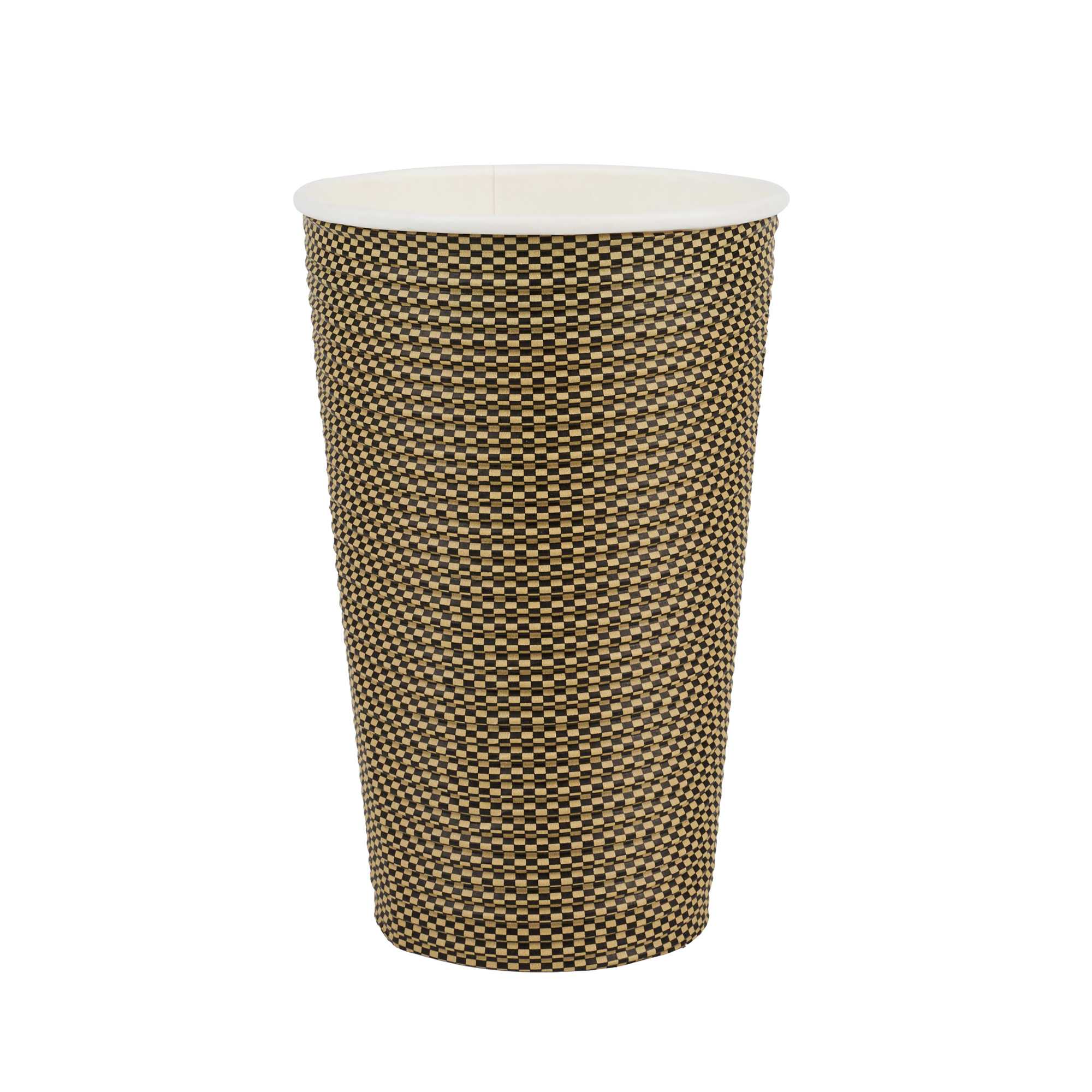 Restpresso 16 oz Mocha Pin Check Paper Coffee Cup - Spiral Wall - 3 1/2" x 3 1/2" x 5 1/2" - 25 count box