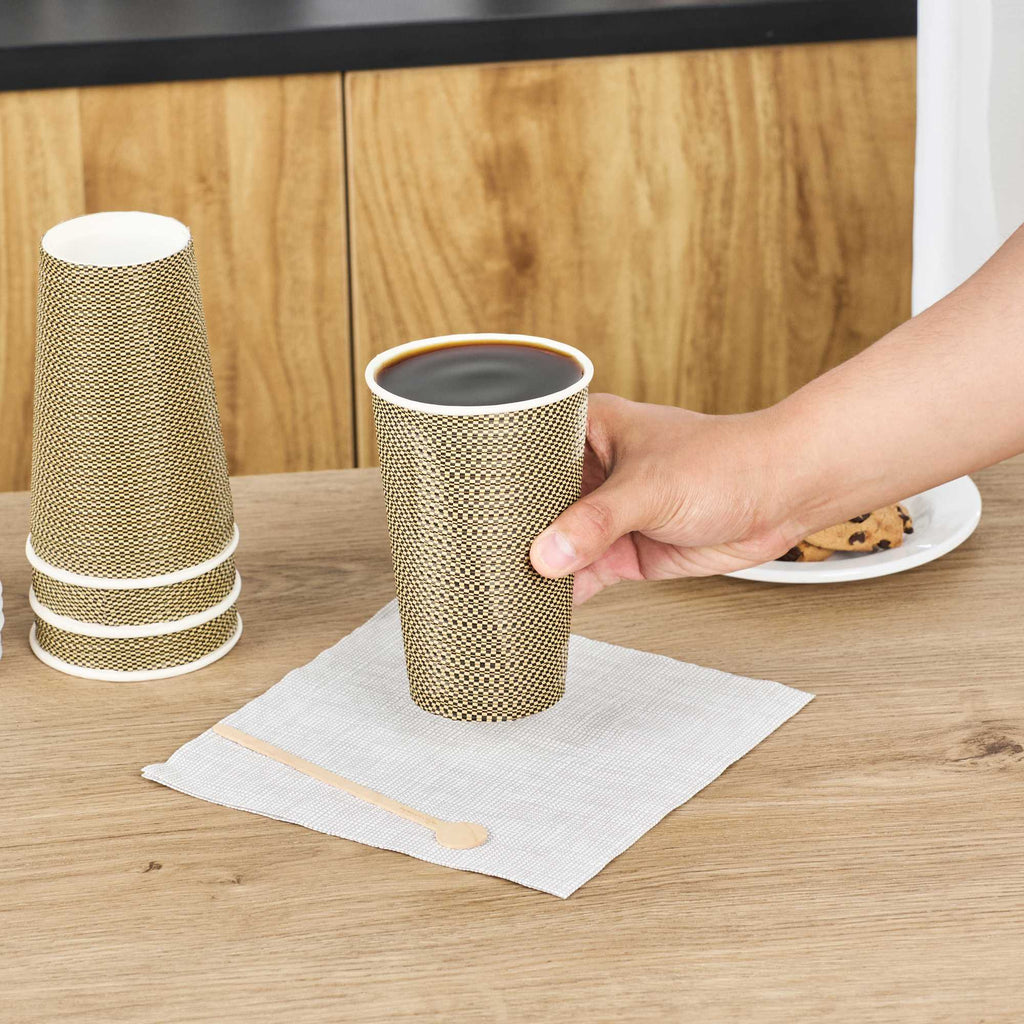Restpresso 16 oz Mocha Pin Check Paper Coffee Cup - Spiral Wall - 3 1/2" x 3 1/2" x 5 1/2" - 25 count box