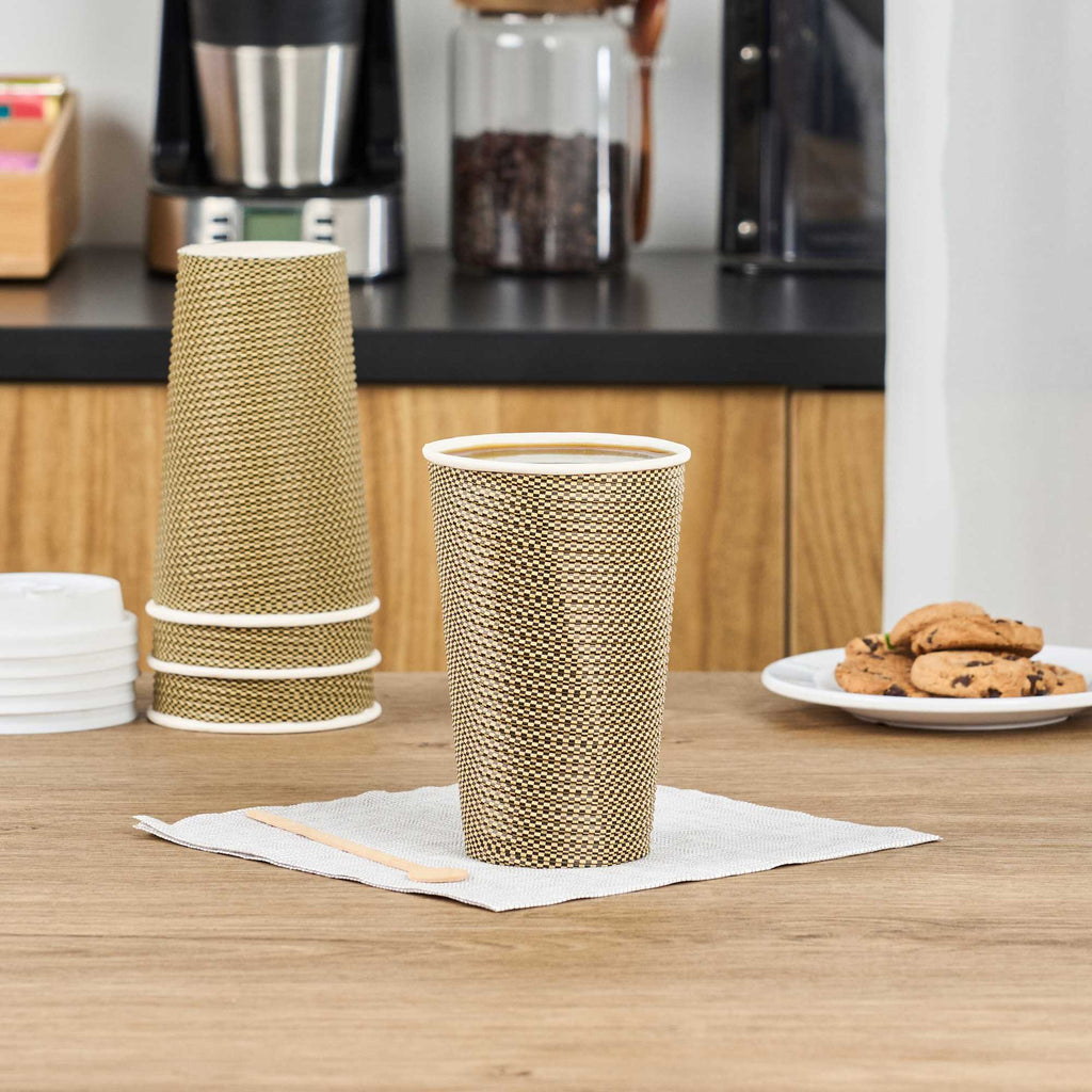 Restpresso 16 oz Mocha Pin Check Paper Coffee Cup - Spiral Wall - 3 1/2" x 3 1/2" x 5 1/2" - 25 count box
