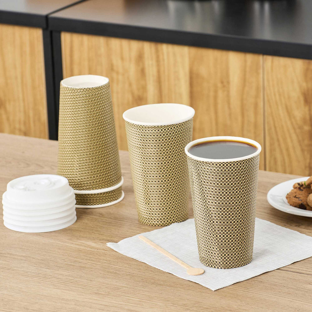 Restpresso 16 oz Mocha Pin Check Paper Coffee Cup - Spiral Wall - 3 1/2" x 3 1/2" x 5 1/2" - 500 count box