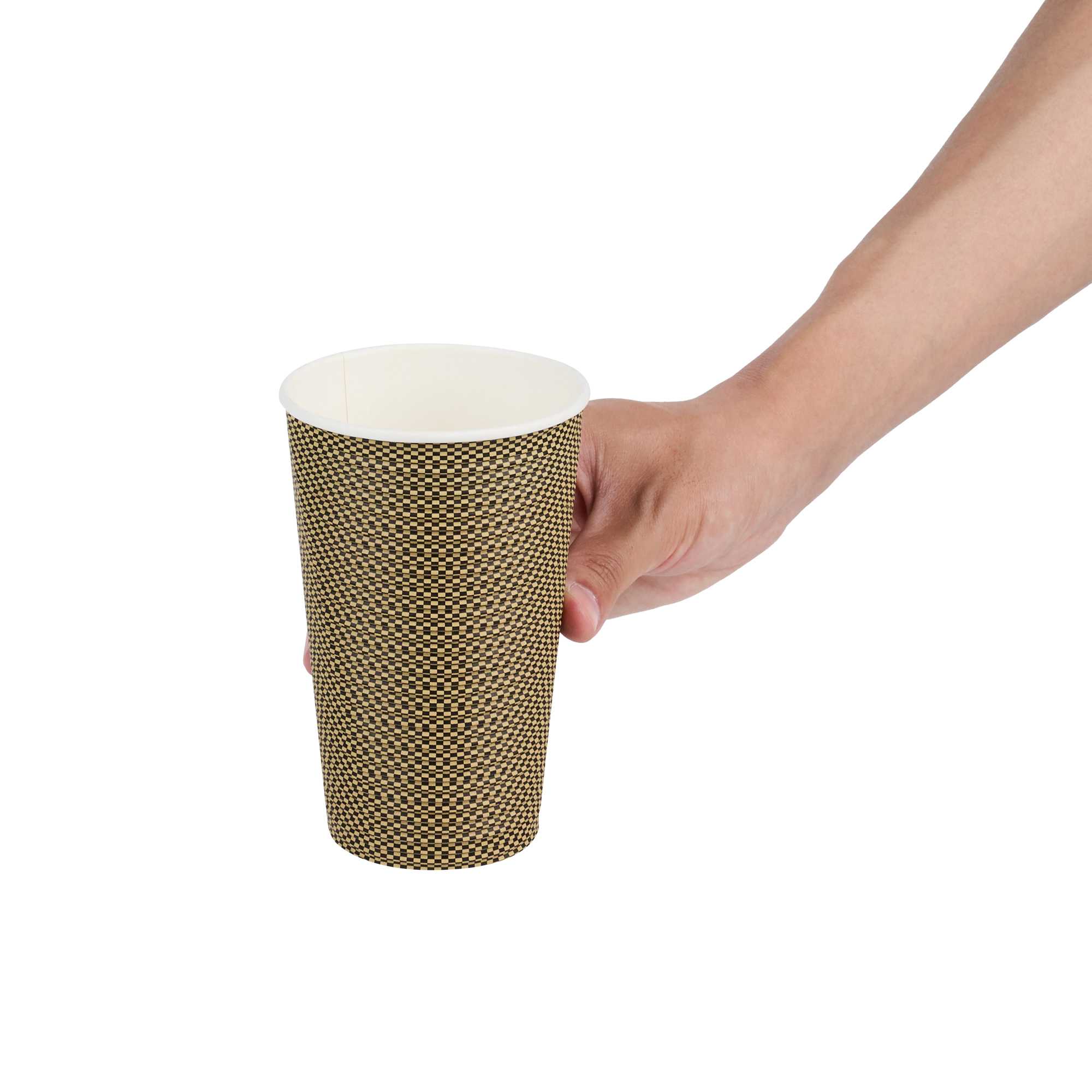 Restpresso 16 oz Mocha Pin Check Paper Coffee Cup - Spiral Wall - 3 1/2" x 3 1/2" x 5 1/2" - 500 count box