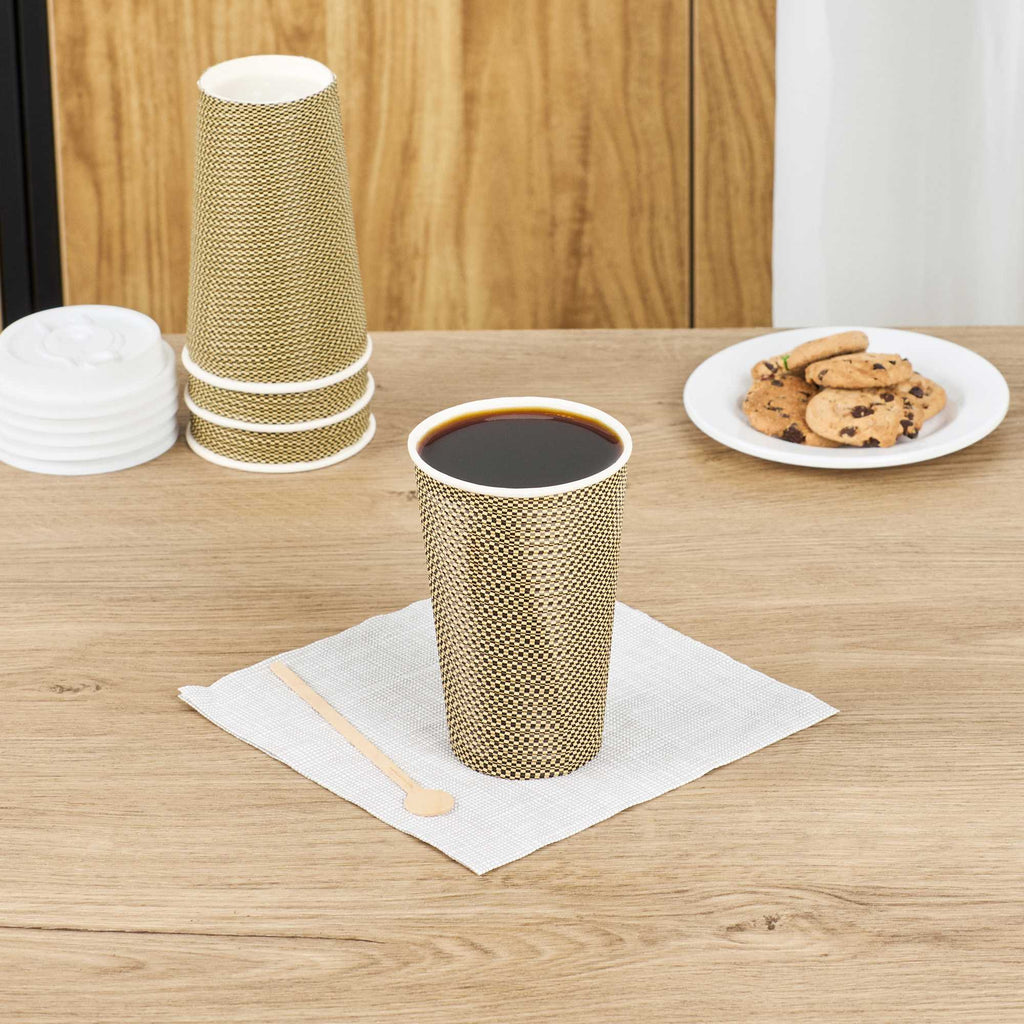 Restpresso 16 oz Mocha Pin Check Paper Coffee Cup - Spiral Wall - 3 1/2" x 3 1/2" x 5 1/2" - 500 count box