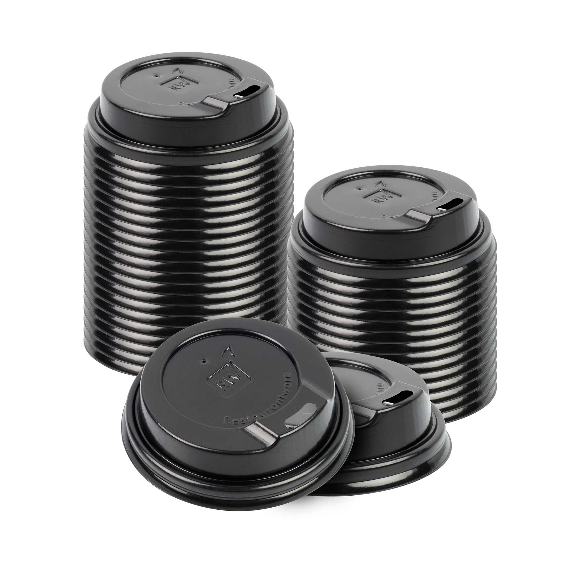 Restpresso Black Plastic Coffee Cup Lid - Fits 4 oz - 2 1/2" x 2 1/2" x 1/2" - 25 count box