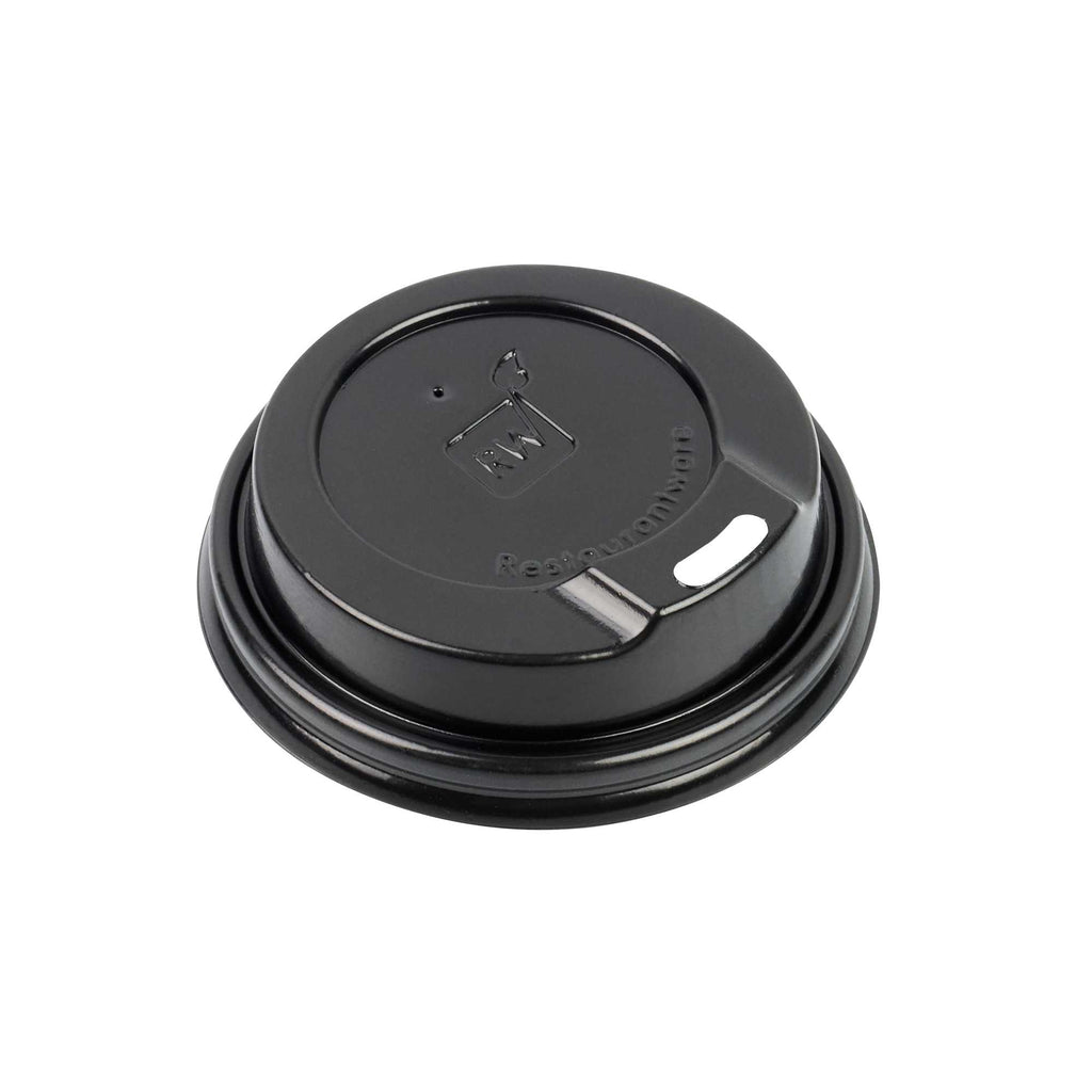 Restpresso Black Plastic Coffee Cup Lid - Fits 4 oz - 2 1/2" x 2 1/2" x 1/2" - 25 count box
