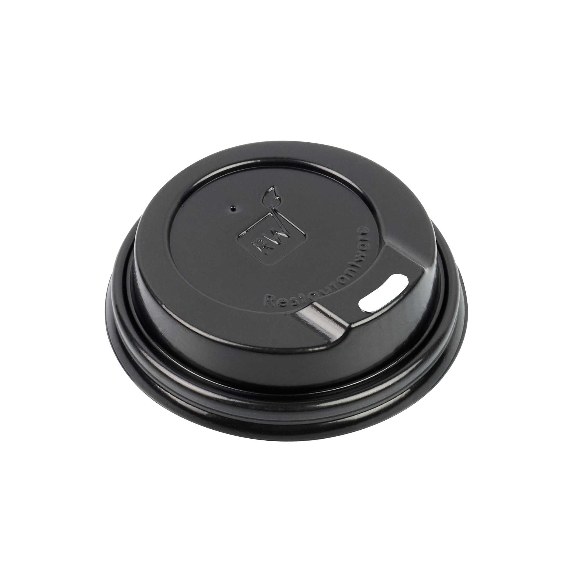 Restpresso Black Plastic Coffee Cup Lid - Fits 4 oz - 2 1/2" x 2 1/2" x 1/2" - 25 count box