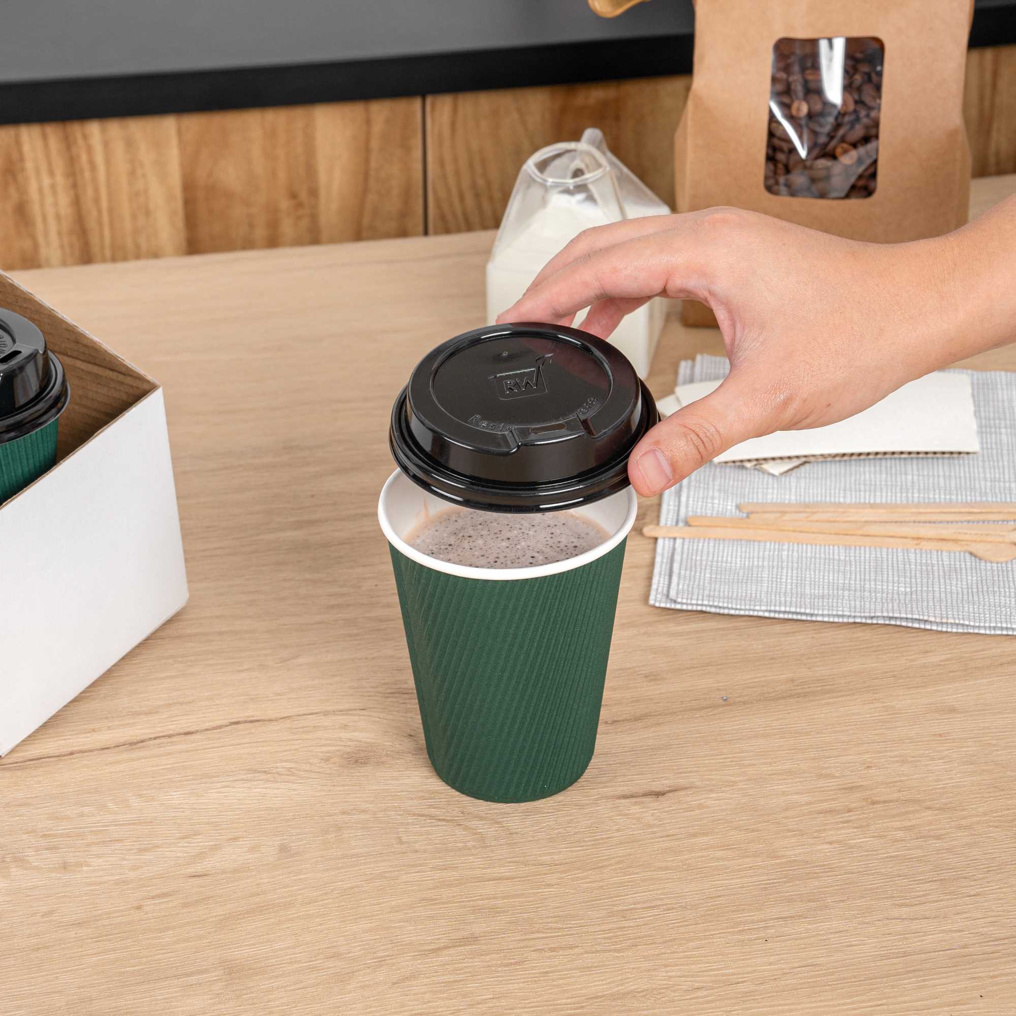 Restpresso Black Plastic Coffee Cup Lid - Elevated Spout, Fits 8, 12, 16 and 20 oz - 25 count box
