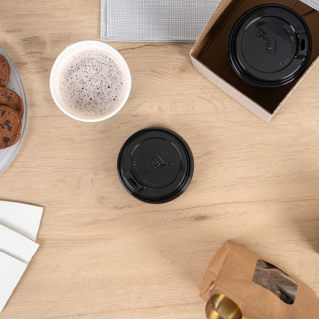 Restpresso Black Plastic Coffee Cup Lid - Elevated Spout, Fits 8, 12, 16 and 20 oz - 25 count box
