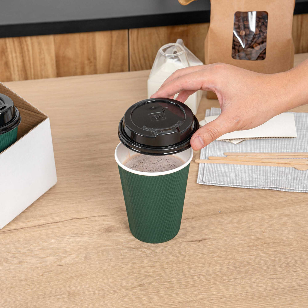 Restpresso Black Plastic Coffee Cup Lid - Elevated Spout, Fits 8, 12, 16 and 20 oz - 500 count box