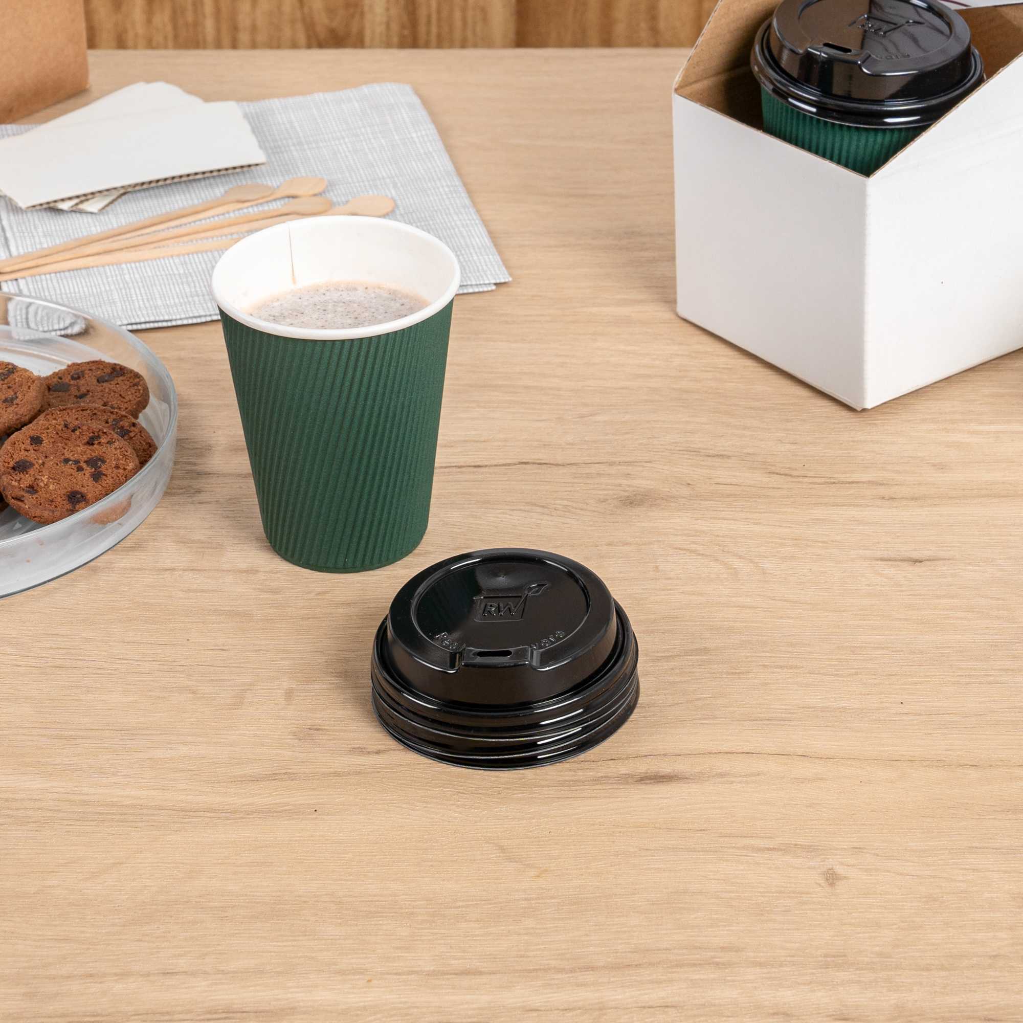Restpresso Black Plastic Coffee Cup Lid - Elevated Spout, Fits 8, 12, 16 and 20 oz - 500 count box
