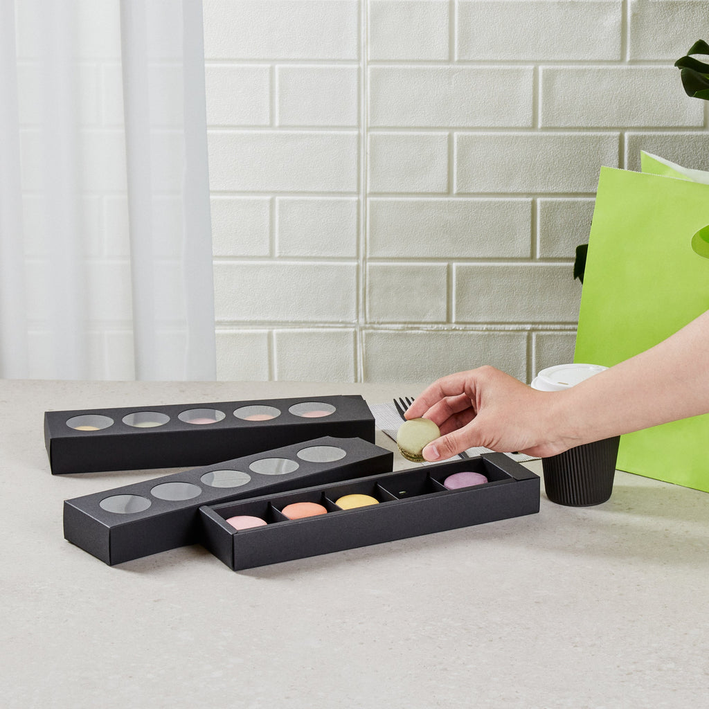 Valentino Rectangle Black Paper Macaron Box - Holds 5 Macarons - 12" x 3" x 1 1/2" - 100 count box