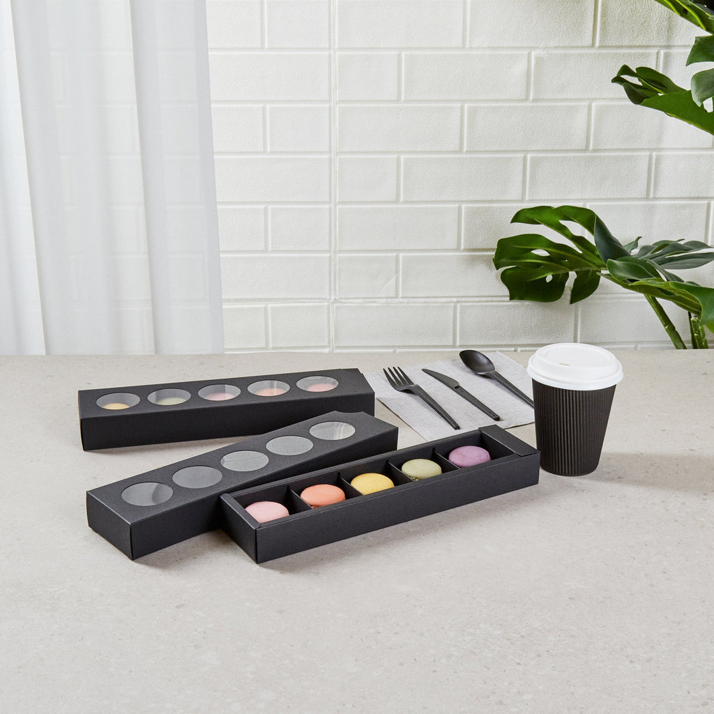 Valentino Rectangle Black Paper Macaron Box - Holds 5 Macarons - 12" x 3" x 1 1/2" - 100 count box