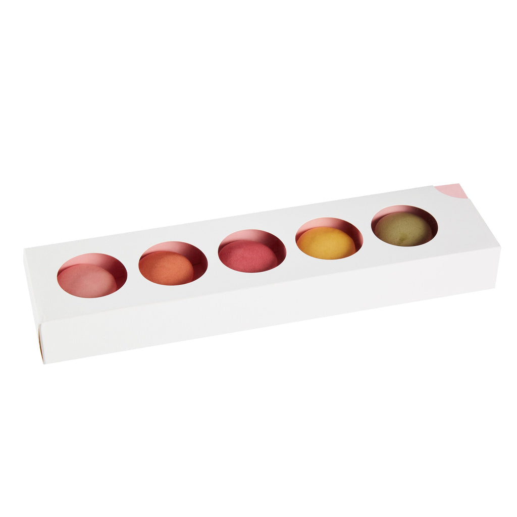 Valentino Rectangle White and Pink Paper Macaron Box - Holds 5 Macarons - 12" x 3" x 1 1/2" - 100 count box