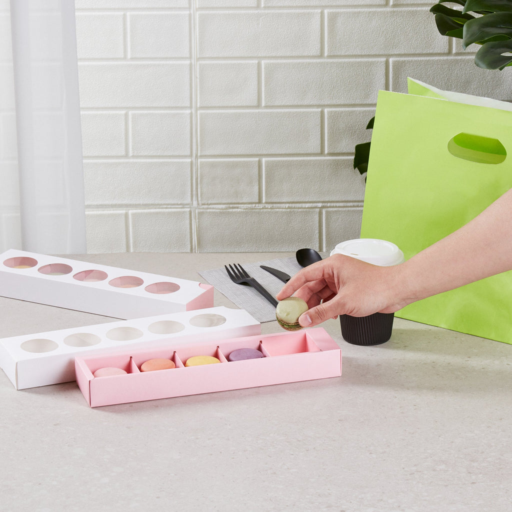 Valentino Rectangle White and Pink Paper Macaron Box - Holds 5 Macarons - 12" x 3" x 1 1/2" - 100 count box