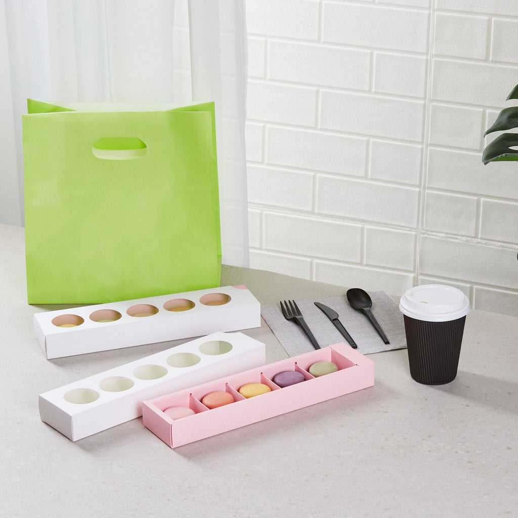 Valentino Rectangle White and Pink Paper Macaron Box - Holds 5 Macarons - 12" x 3" x 1 1/2" - 100 count box