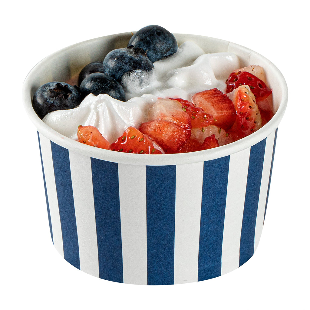 Coppetta 3 oz Round Blue and White Stripe Paper To Go Cup - 3" x 3" x 1 3/4" - 50 count box