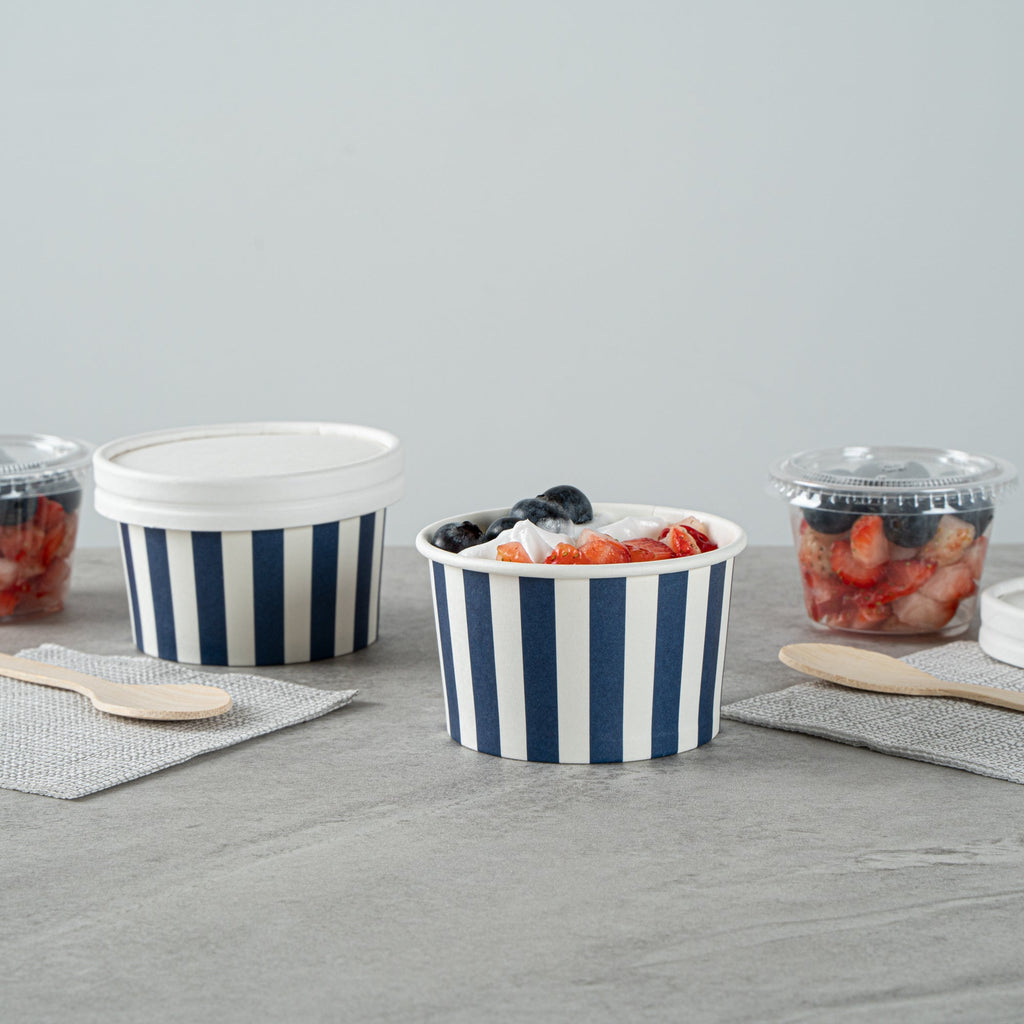Coppetta 3 oz Round Blue and White Stripe Paper To Go Cup - 3" x 3" x 1 3/4" - 50 count box
