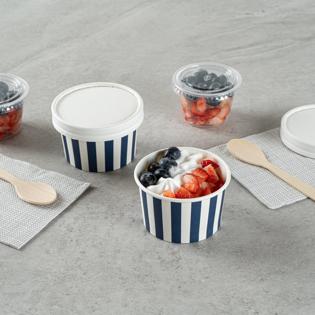 Coppetta 3 oz Round Blue and White Stripe Paper To Go Cup - 3" x 3" x 1 3/4" - 200 count box