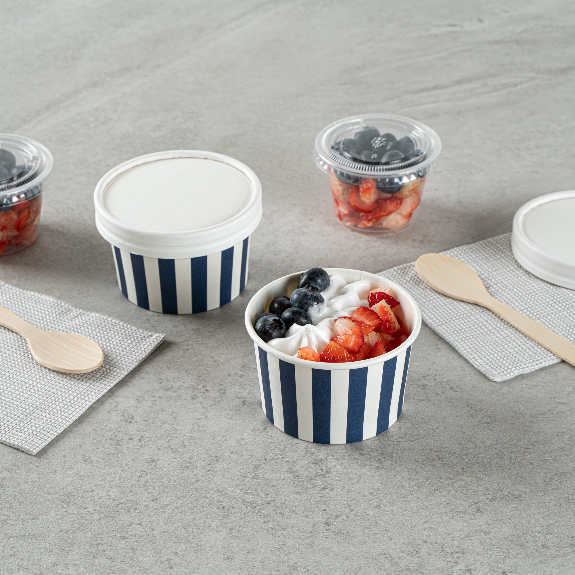 Coppetta 3 oz Round Blue and White Stripe Paper To Go Cup - 3" x 3" x 1 3/4" - 200 count box