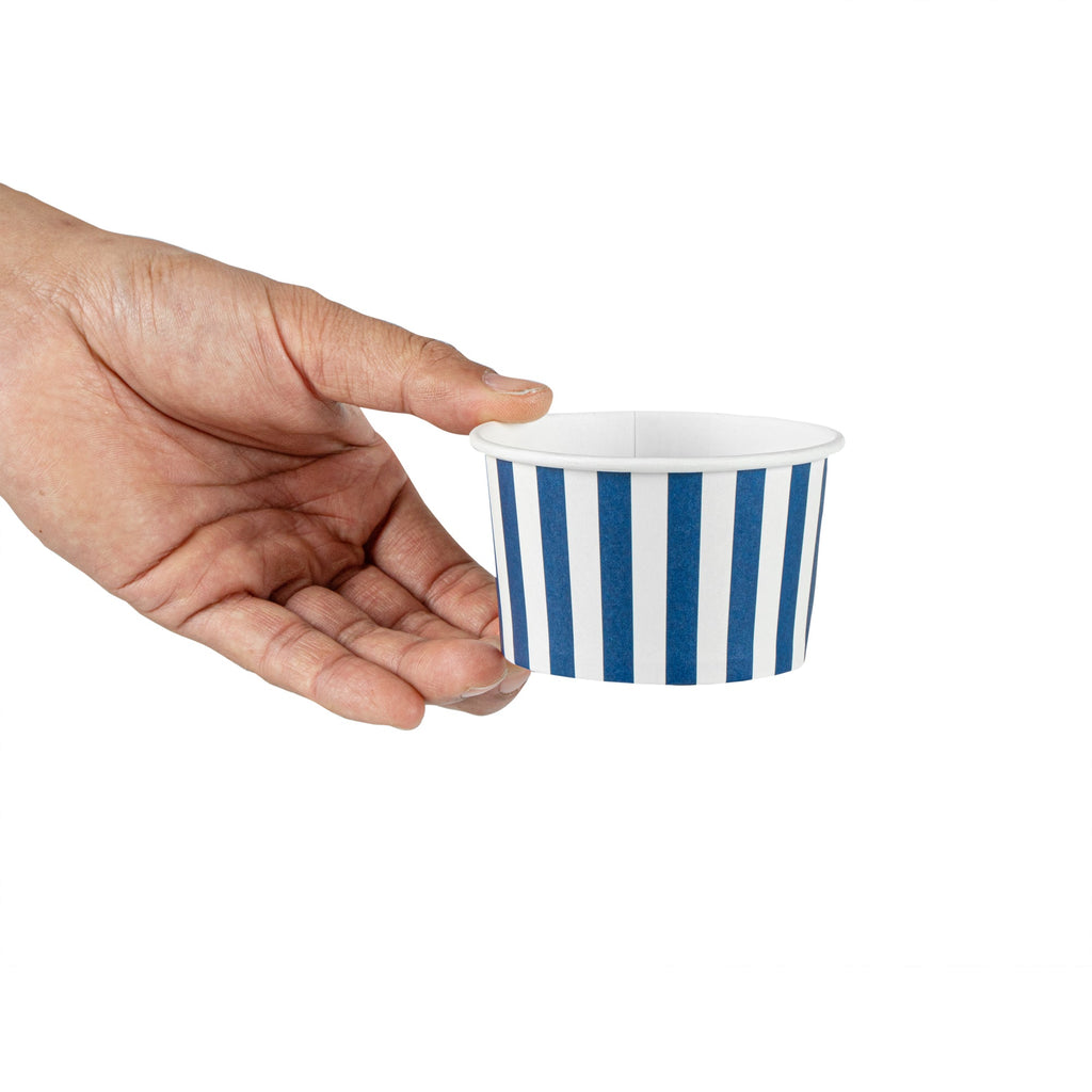 Coppetta 5 oz Round Blue and White Stripe Paper To Go Cup - 3 1/4" x 3 1/4" x 2" - 50 count box