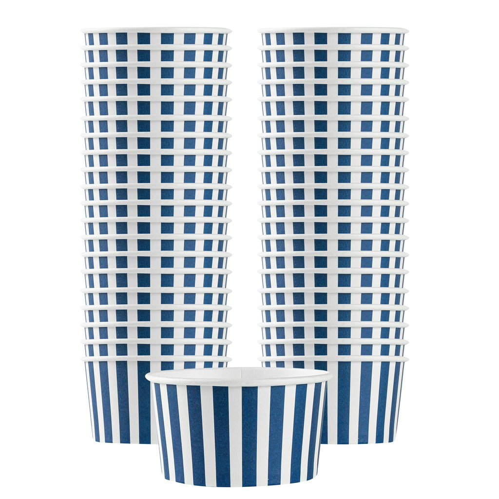 Coppetta 8 oz Round Blue and White Stripe Paper To Go Cup - 3 3/4" x 3 3/4" x 2 1/4" - 50 count box