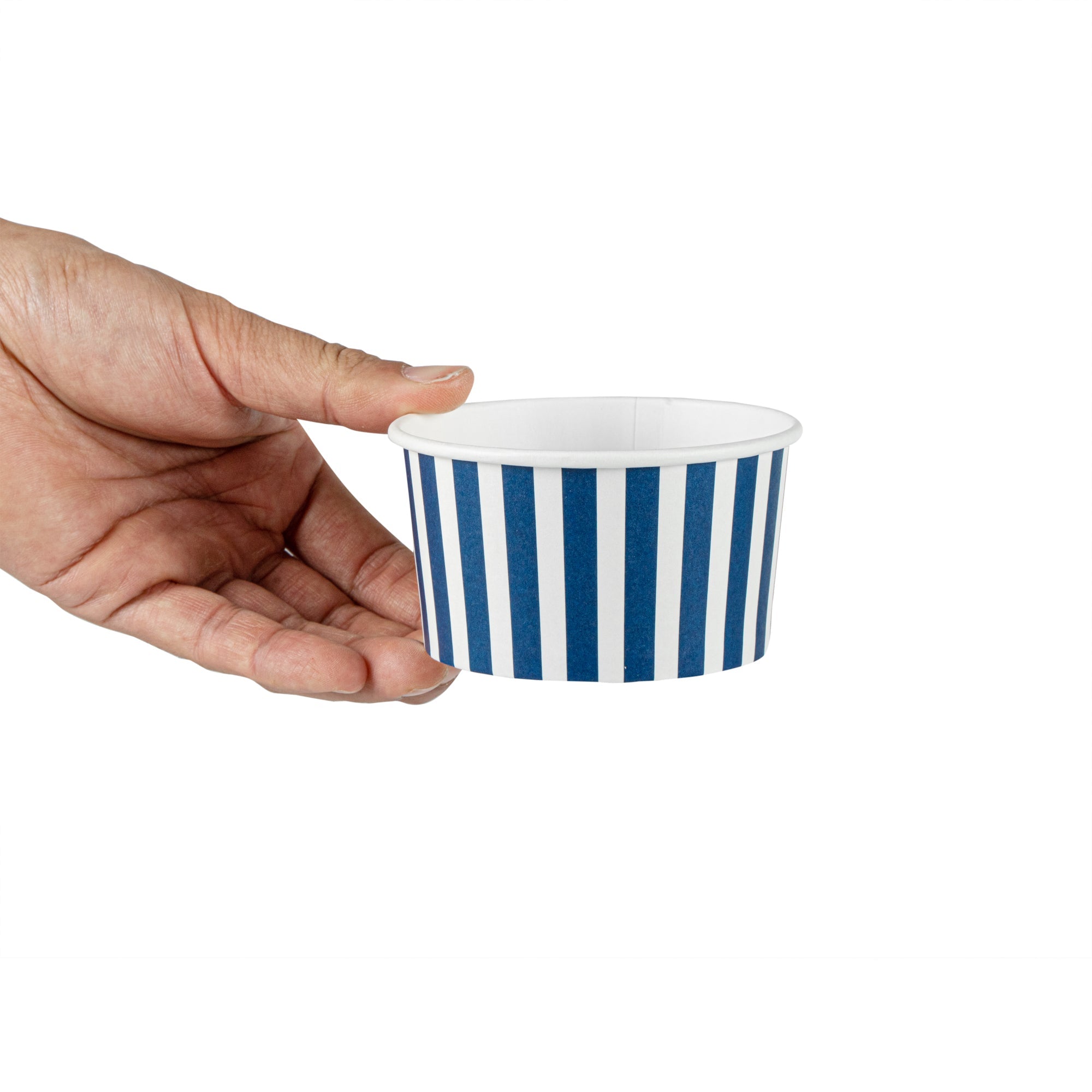 Coppetta 8 oz Round Blue and White Stripe Paper To Go Cup - 3 3/4" x 3 3/4" x 2 1/4" - 50 count box