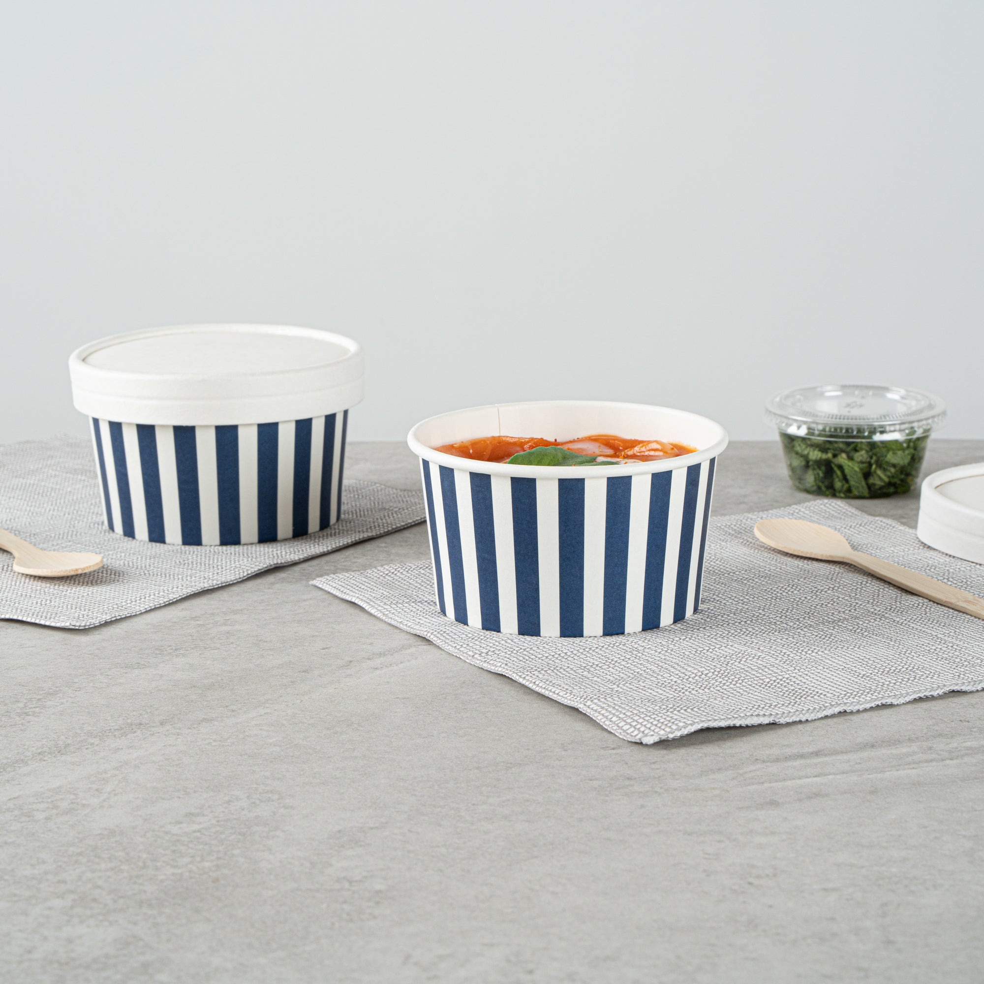 Coppetta 8 oz Round Blue and White Stripe Paper To Go Cup - 3 3/4" x 3 3/4" x 2 1/4" - 50 count box