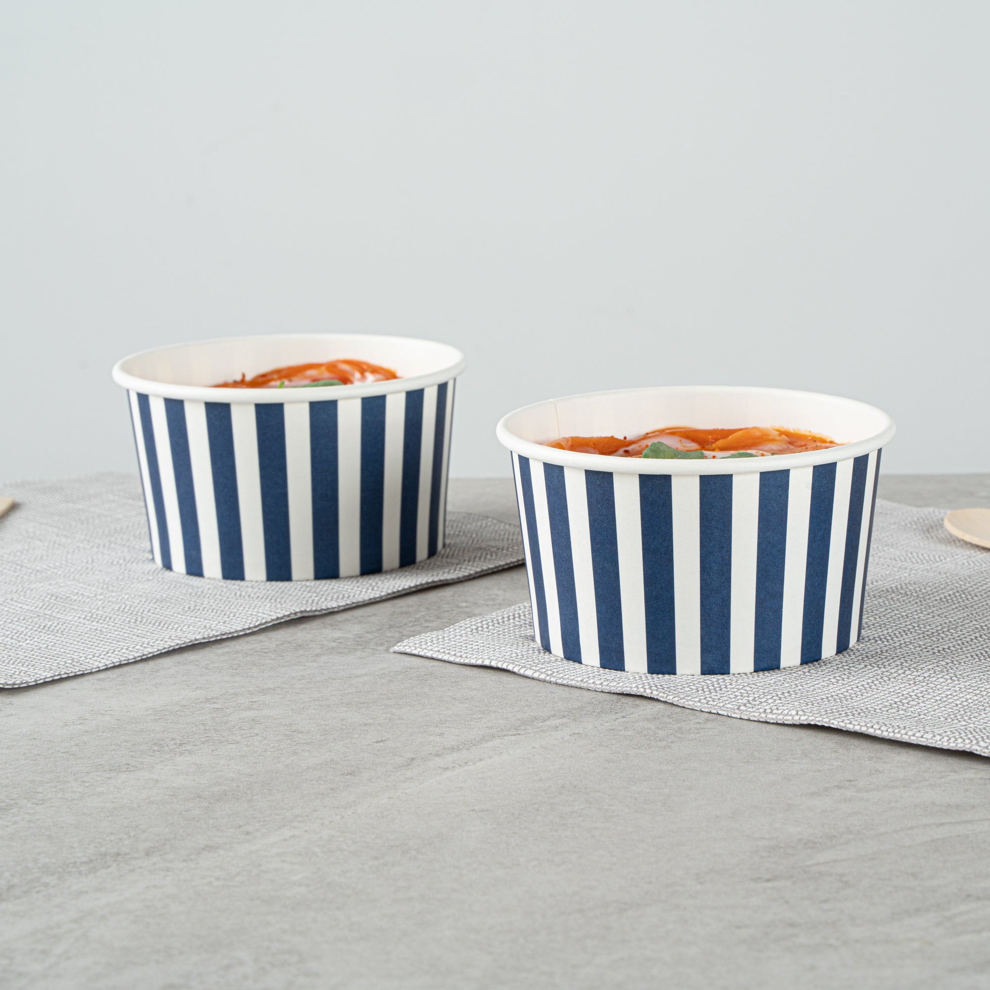 Coppetta 8 oz Round Blue and White Stripe Paper To Go Cup - 3 3/4" x 3 3/4" x 2 1/4" - 200 count box