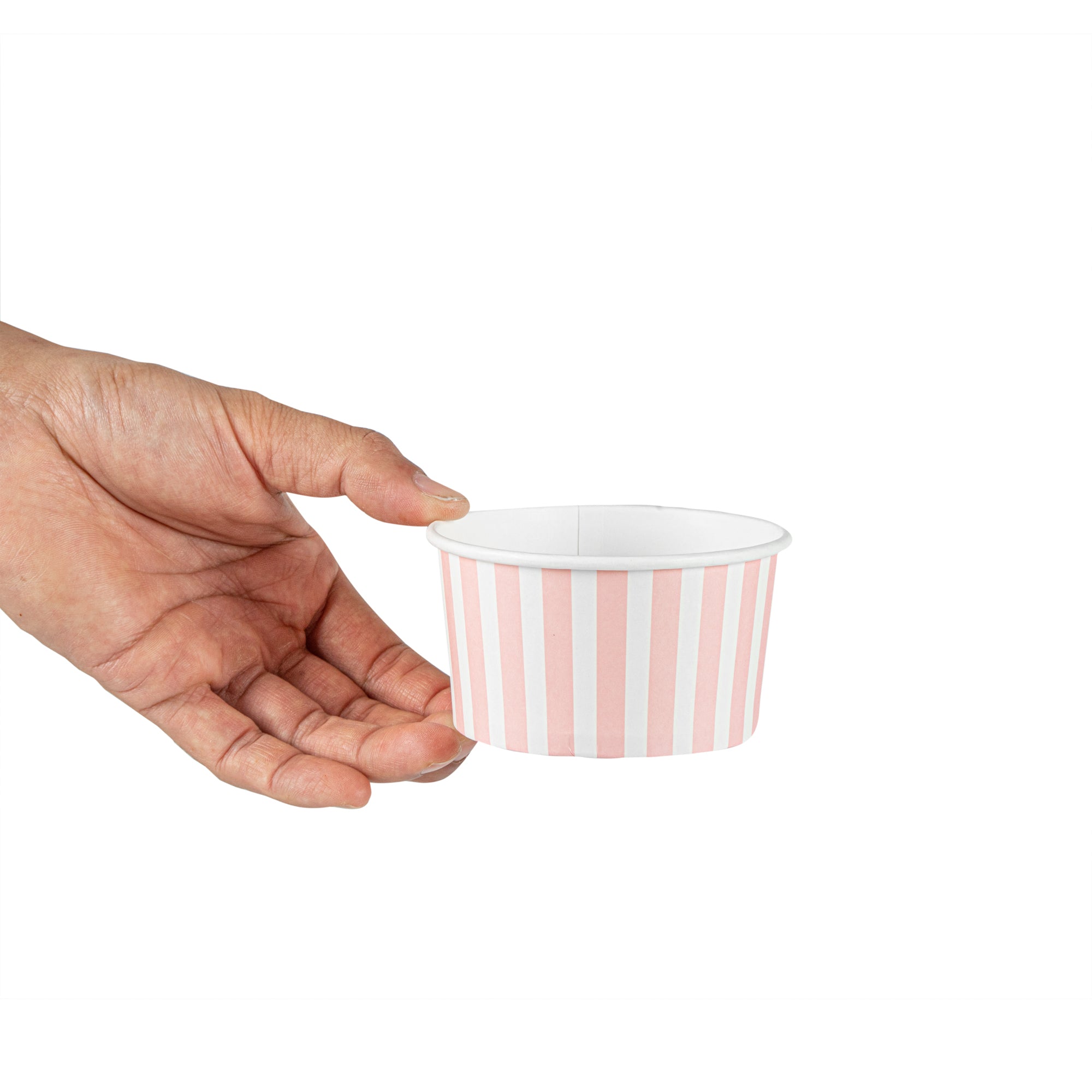 Coppetta 8 oz Round Pink and White Stripe Paper To Go Cup - 3 3/4" x 3 3/4" x 2 1/4" - 50 count box