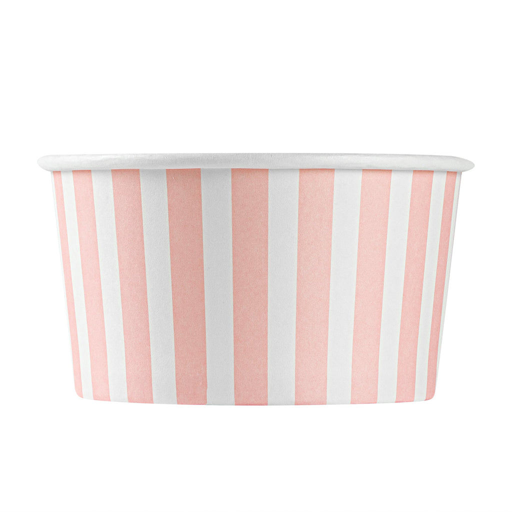Coppetta 8 oz Round Pink and White Stripe Paper To Go Cup - 3 3/4" x 3 3/4" x 2 1/4" - 50 count box
