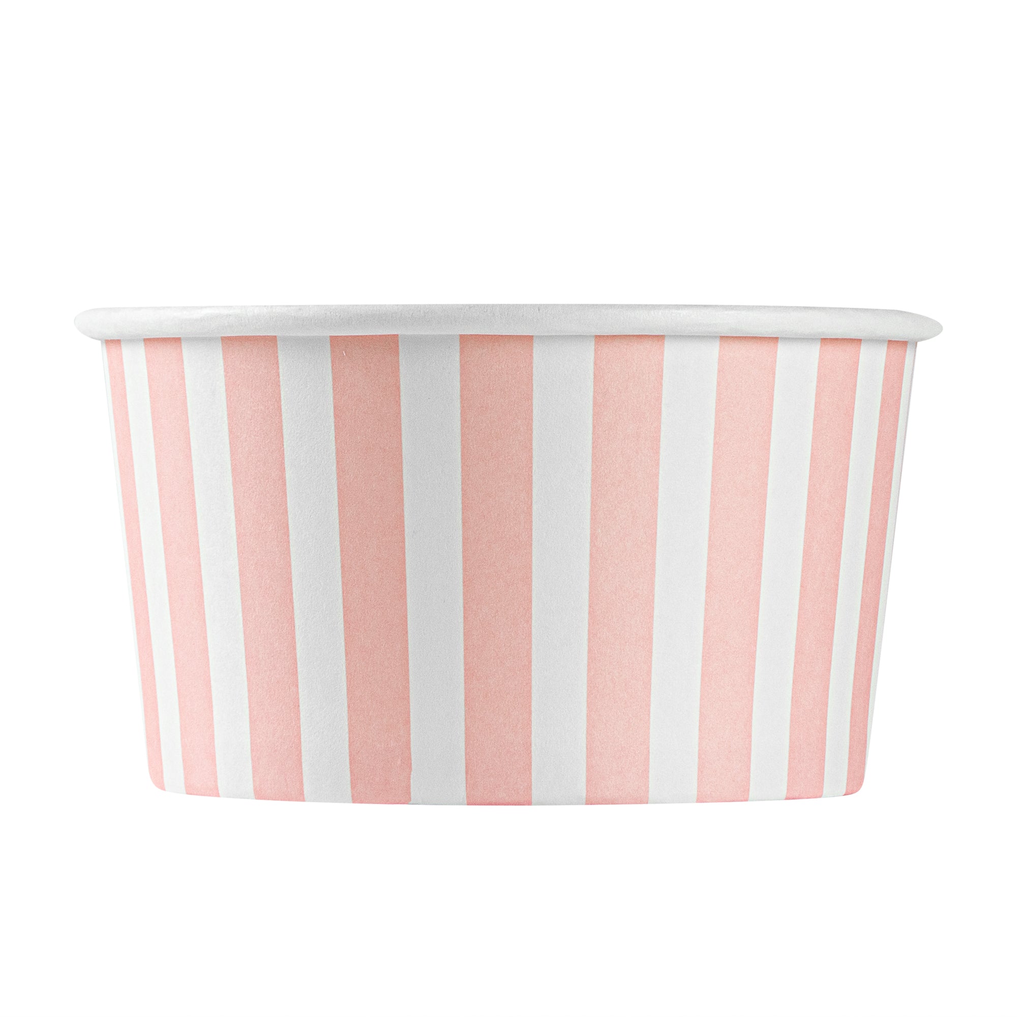 Coppetta 8 oz Round Pink and White Stripe Paper To Go Cup - 3 3/4" x 3 3/4" x 2 1/4" - 50 count box