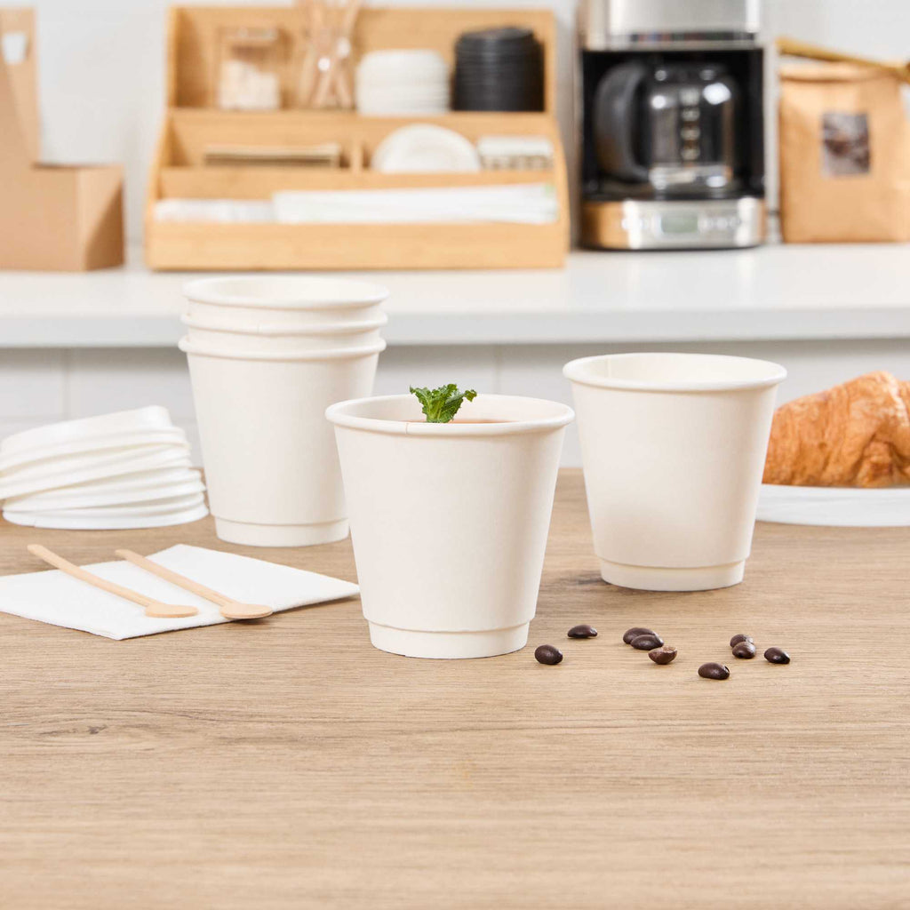 Restpresso 8 oz White Paper Coffee Cup - Double Wall - 3 1/2" x 3 1/2" x 3 1/4" - 500 count box