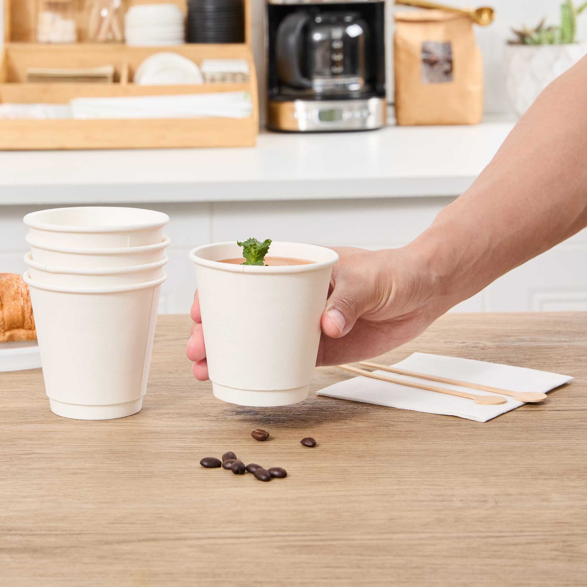 Restpresso 8 oz White Paper Coffee Cup - Double Wall - 3 1/2" x 3 1/2" x 3 1/4" - 500 count box