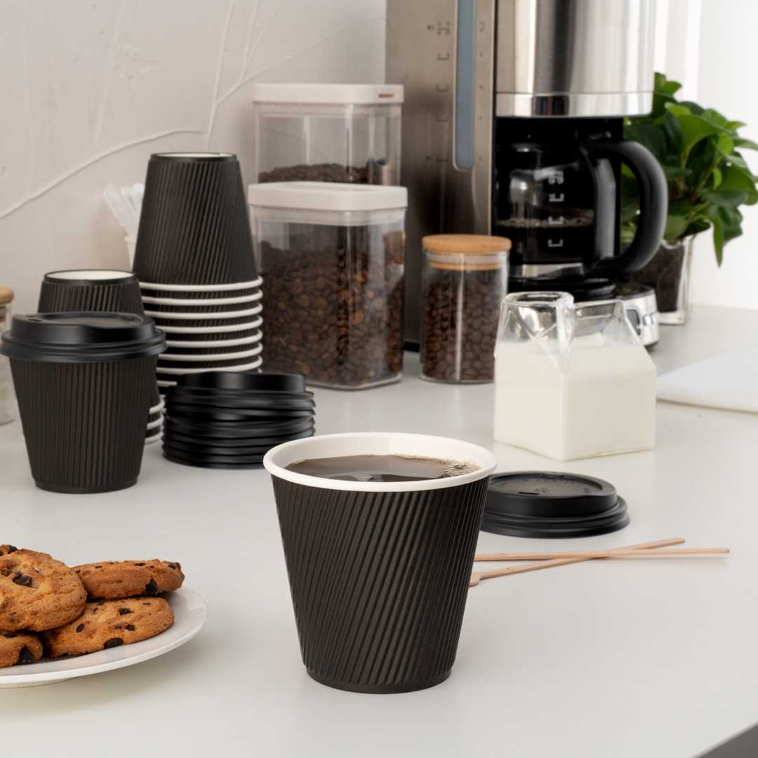 Restpresso 8 oz Black Paper Coffee Cup - Ripple Wall - 3 1/2" x 3 1/2" x 3 1/4" - 25 count box
