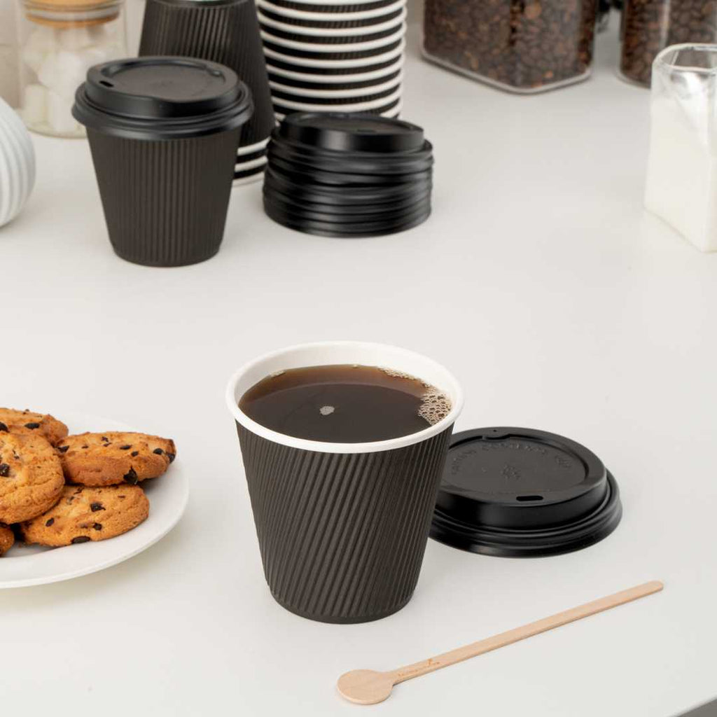 Restpresso 8 oz Round Black Paper Coffee Cup - Ripple Wall - 3 1/2" x 3 1/2" x 3 1/4" - 500 count box