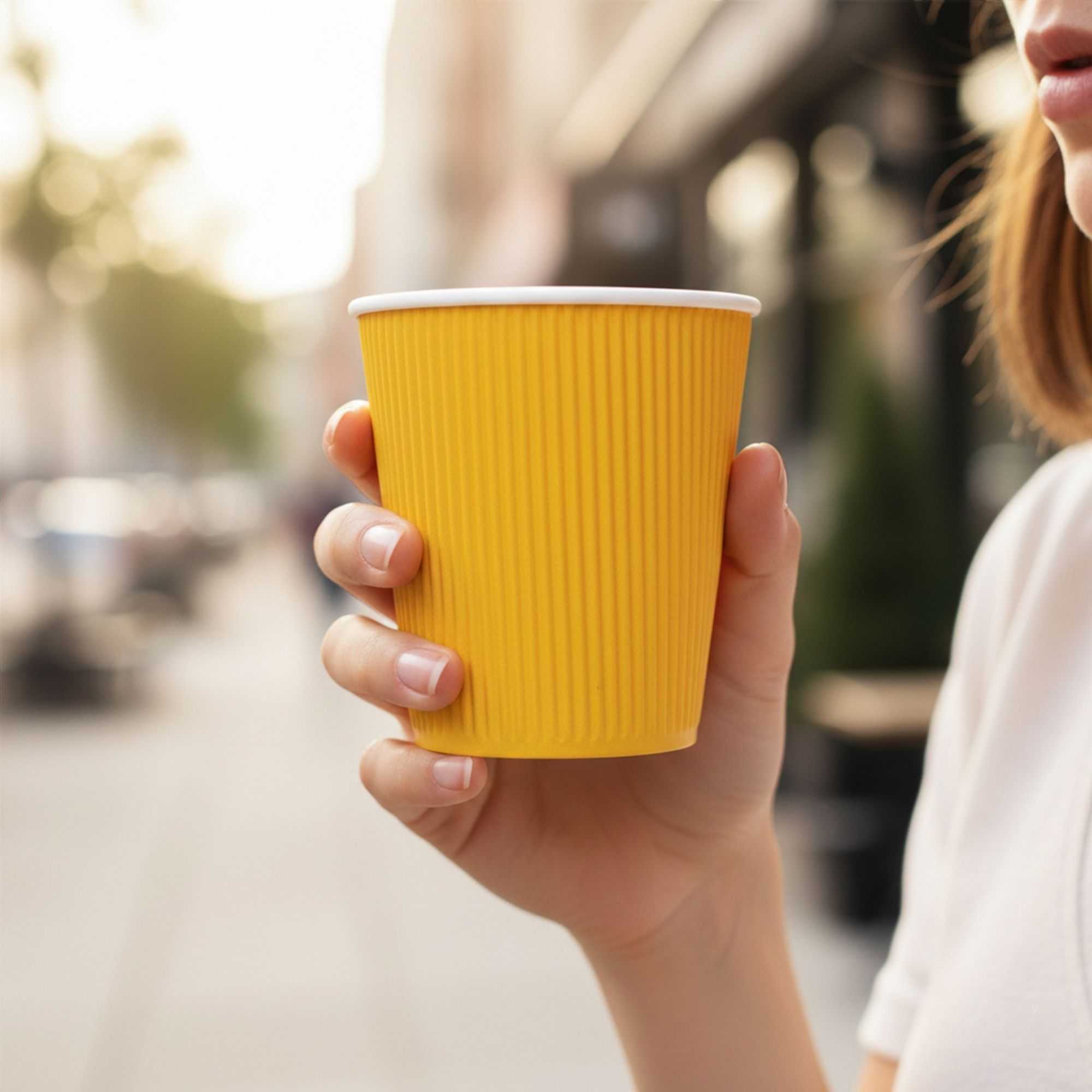 Restpresso 8 oz Yellow Paper Coffee Cup - Ripple Wall - 3 1/2" x 3 1/2" x 3 1/4" - 25 count box