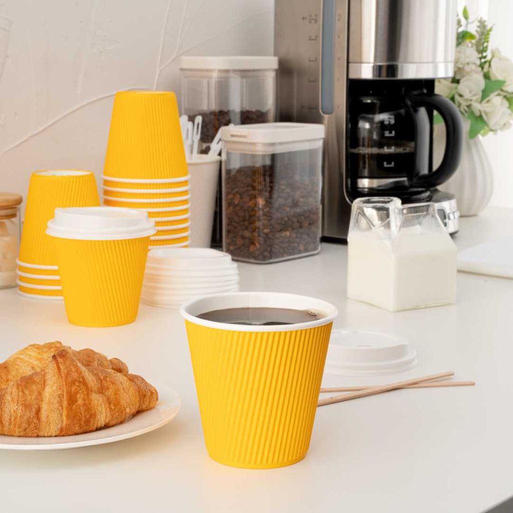 Restpresso 8 oz Yellow Paper Coffee Cup - Ripple Wall - 3 1/2" x 3 1/2" x 3 1/4" - 25 count box