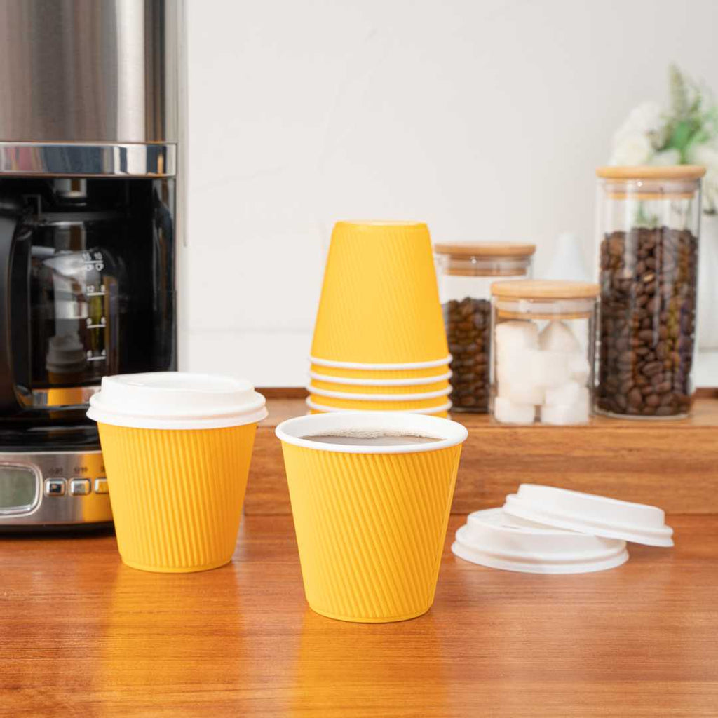 Restpresso 8 oz Yellow Paper Coffee Cup - Ripple Wall - 3 1/2" x 3 1/2" x 3 1/4" - 25 count box