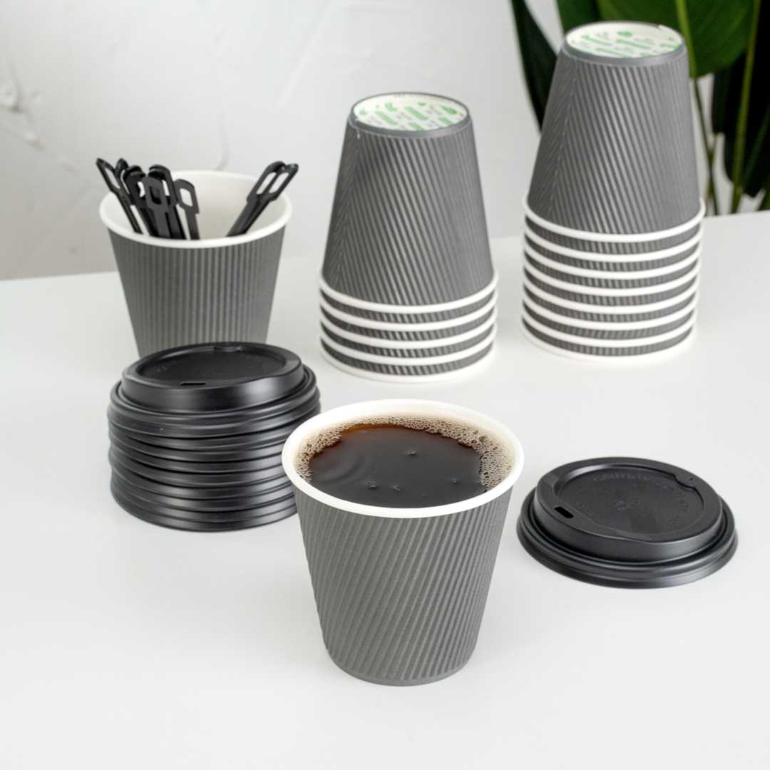 Restpresso 8 oz Gray Paper Coffee Cup - Ripple Wall - 3 1/2" x 3 1/2" x 3 1/4" - 25 count box