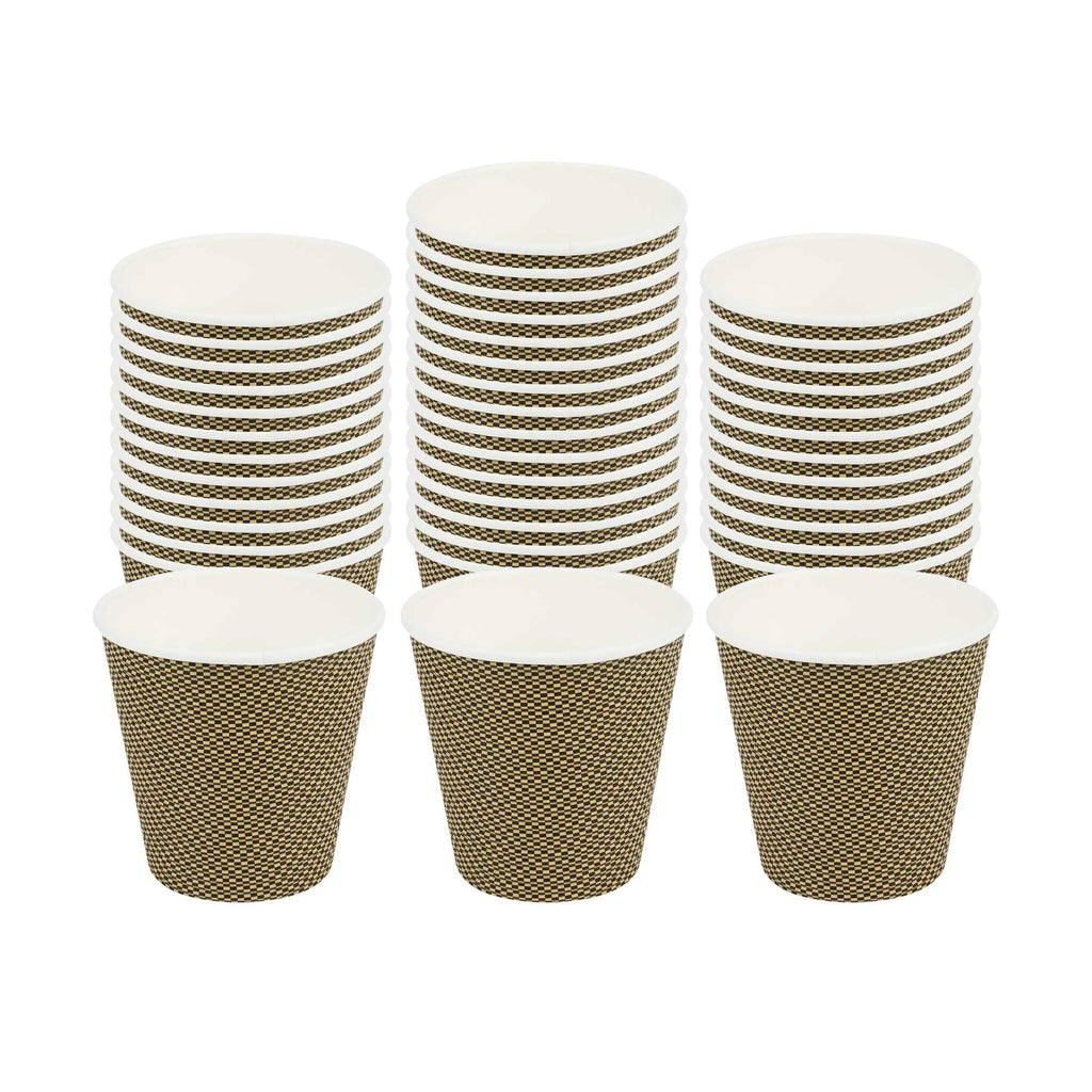 Restpresso 8 oz Mocha Pin Check Paper Coffee Cup - Spiral Wall - 3 1/2" x 3 1/2" x 3 1/4" - 25 count box