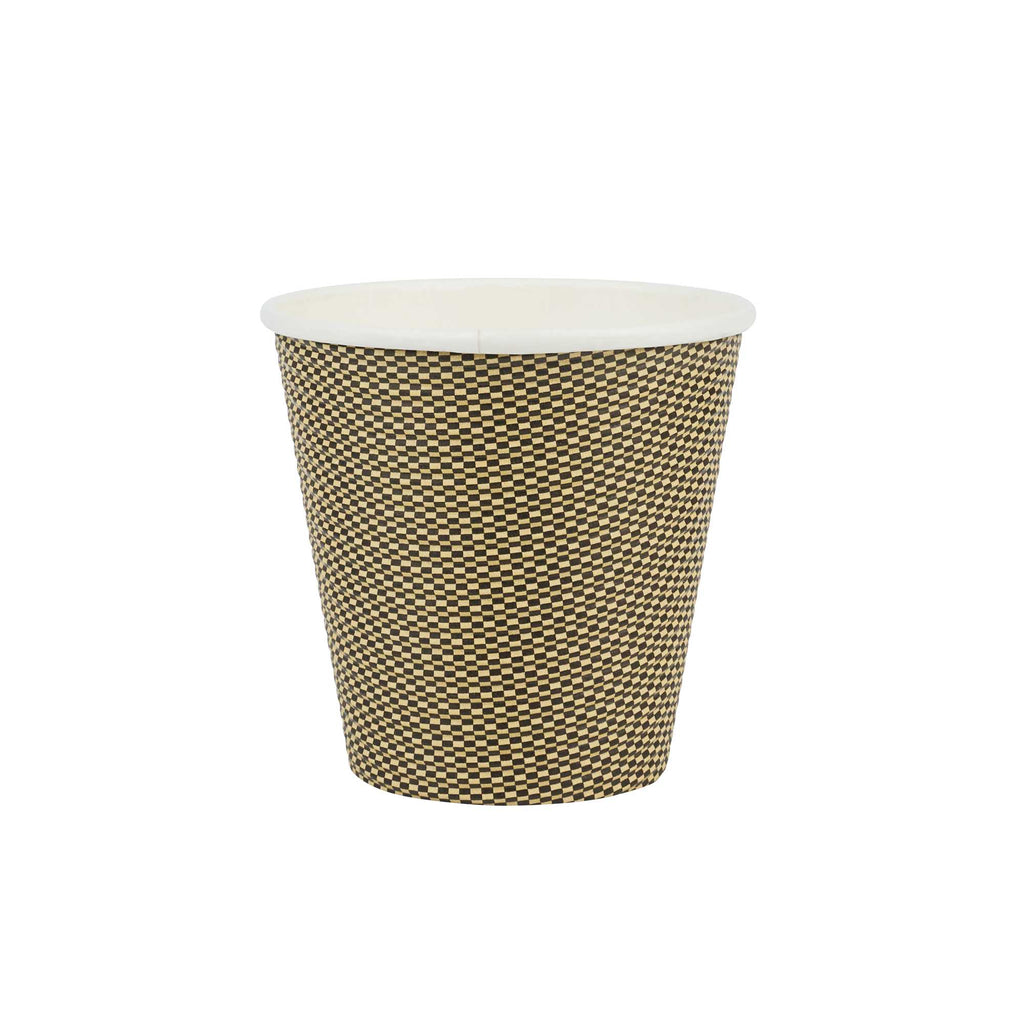 Restpresso 8 oz Mocha Pin Check Paper Coffee Cup - Spiral Wall - 3 1/2" x 3 1/2" x 3 1/4" - 25 count box