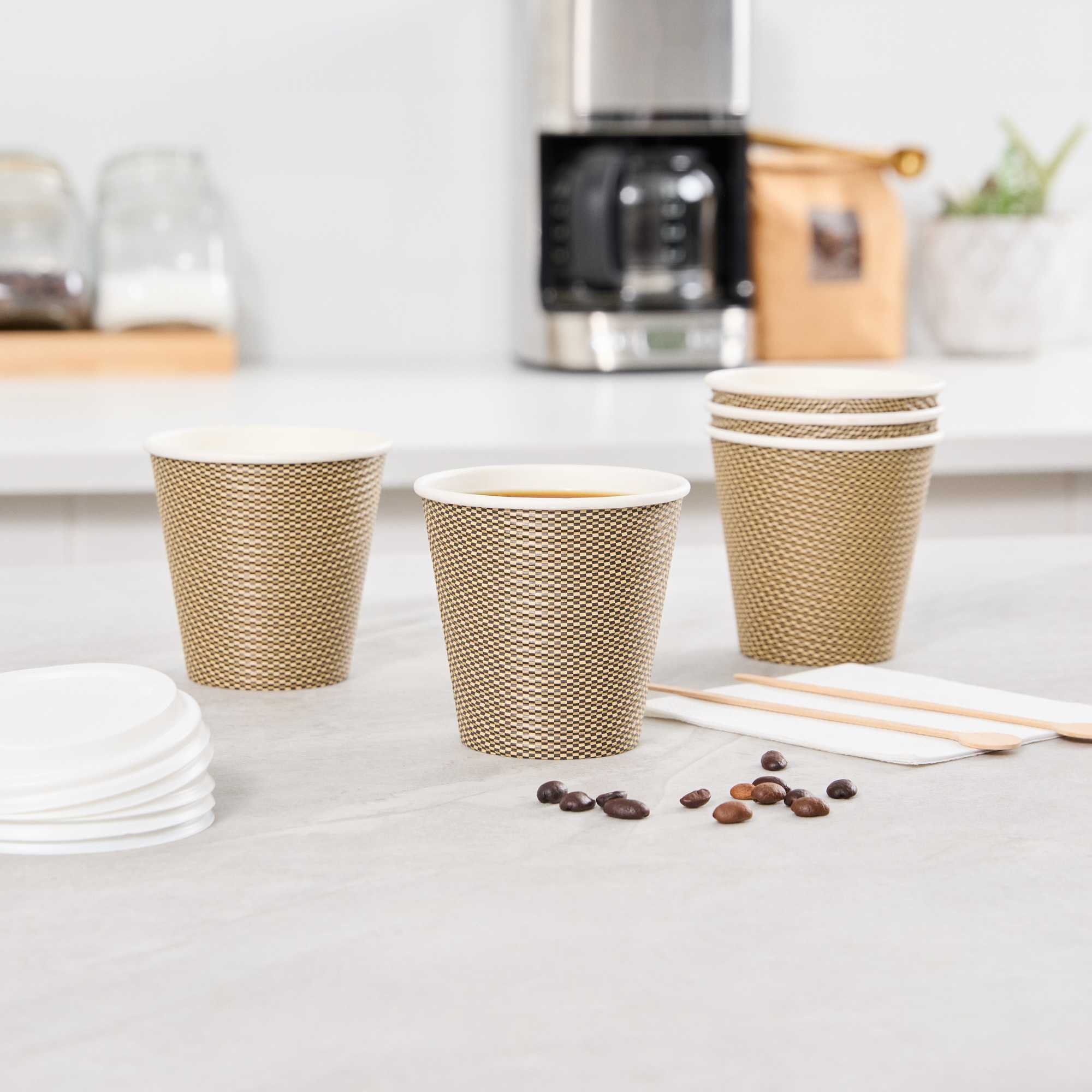 Restpresso 8 oz Mocha Pin Check Paper Coffee Cup - Spiral Wall - 3 1/2" x 3 1/2" x 3 1/4" - 25 count box